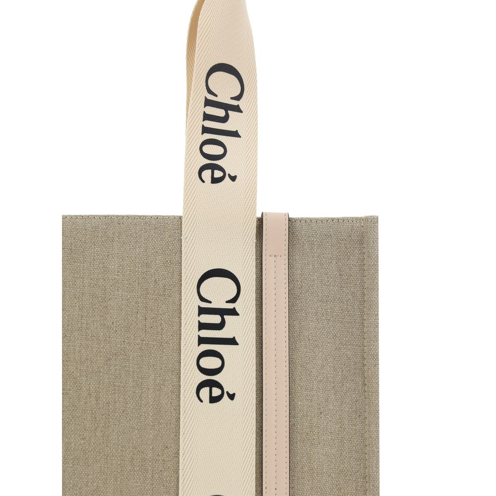 Chloé Light Beige Linen Woody Canvas Shoulder Bag