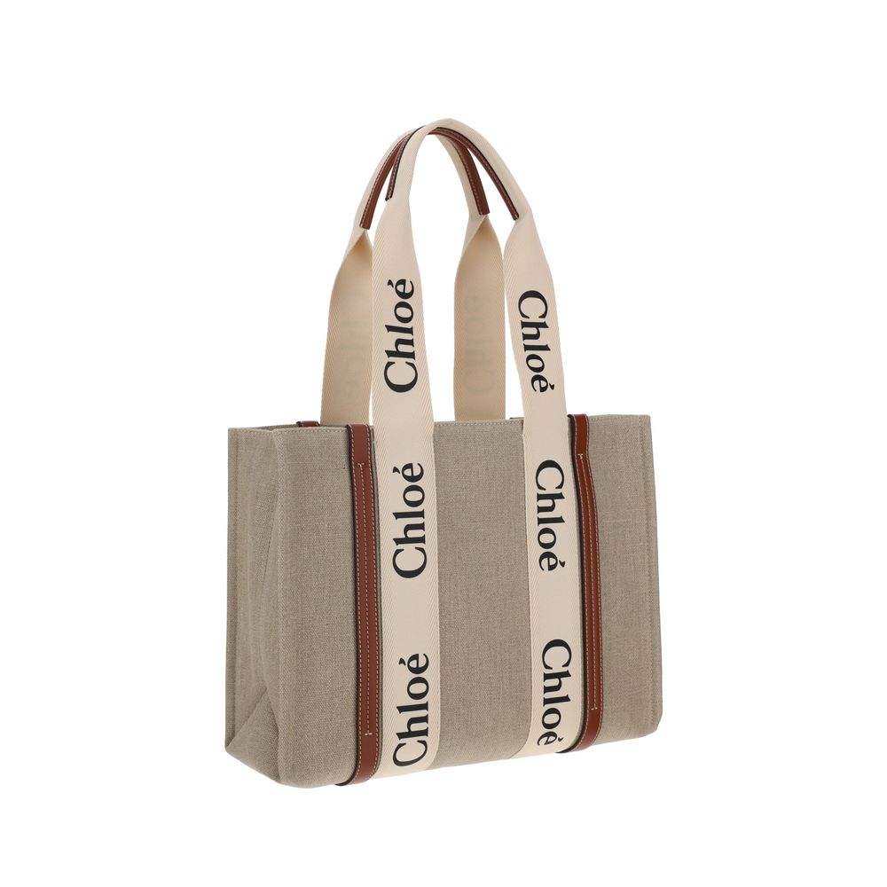Chloé Beige Linen Woody Canvas Shoulder Bag