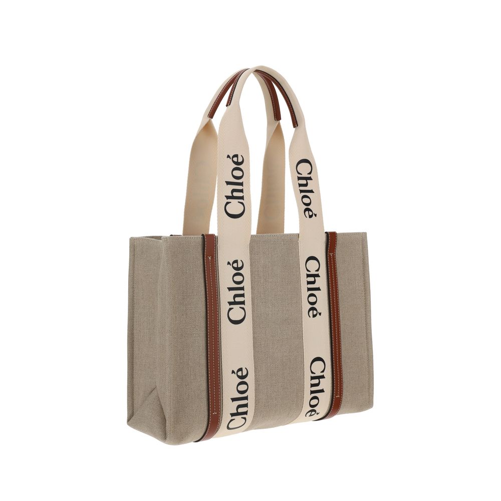 Chloé Beige Linen Woody Canvas Shoulder Bag