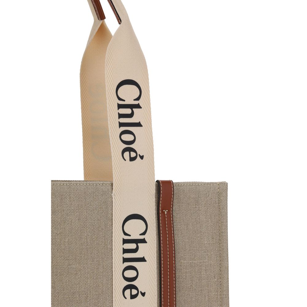 Chloé Beige Linen Woody Canvas Shoulder Bag