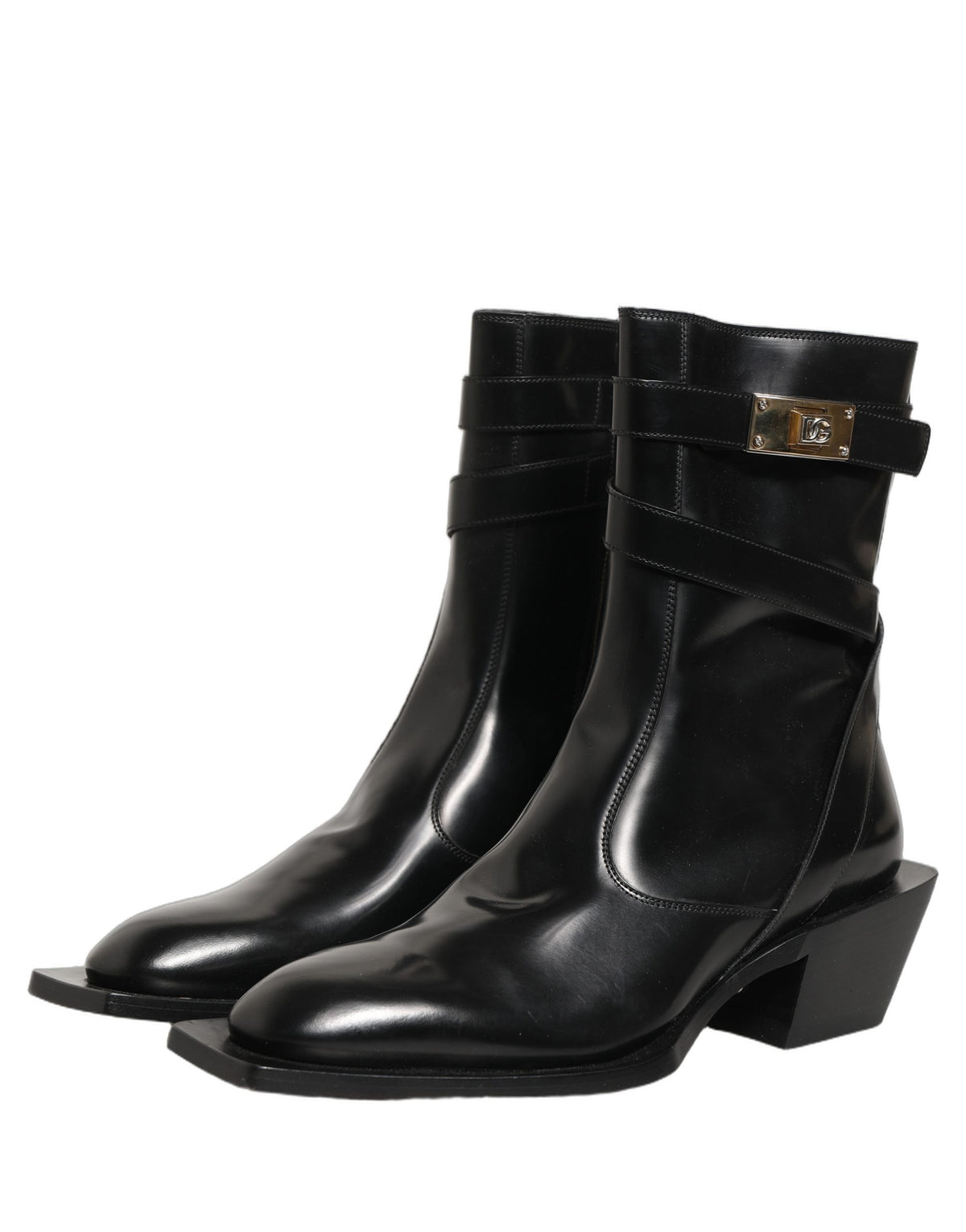 New Dolce & Gabbana Black Leather DG Plaque Mid Calf Boots Shoes