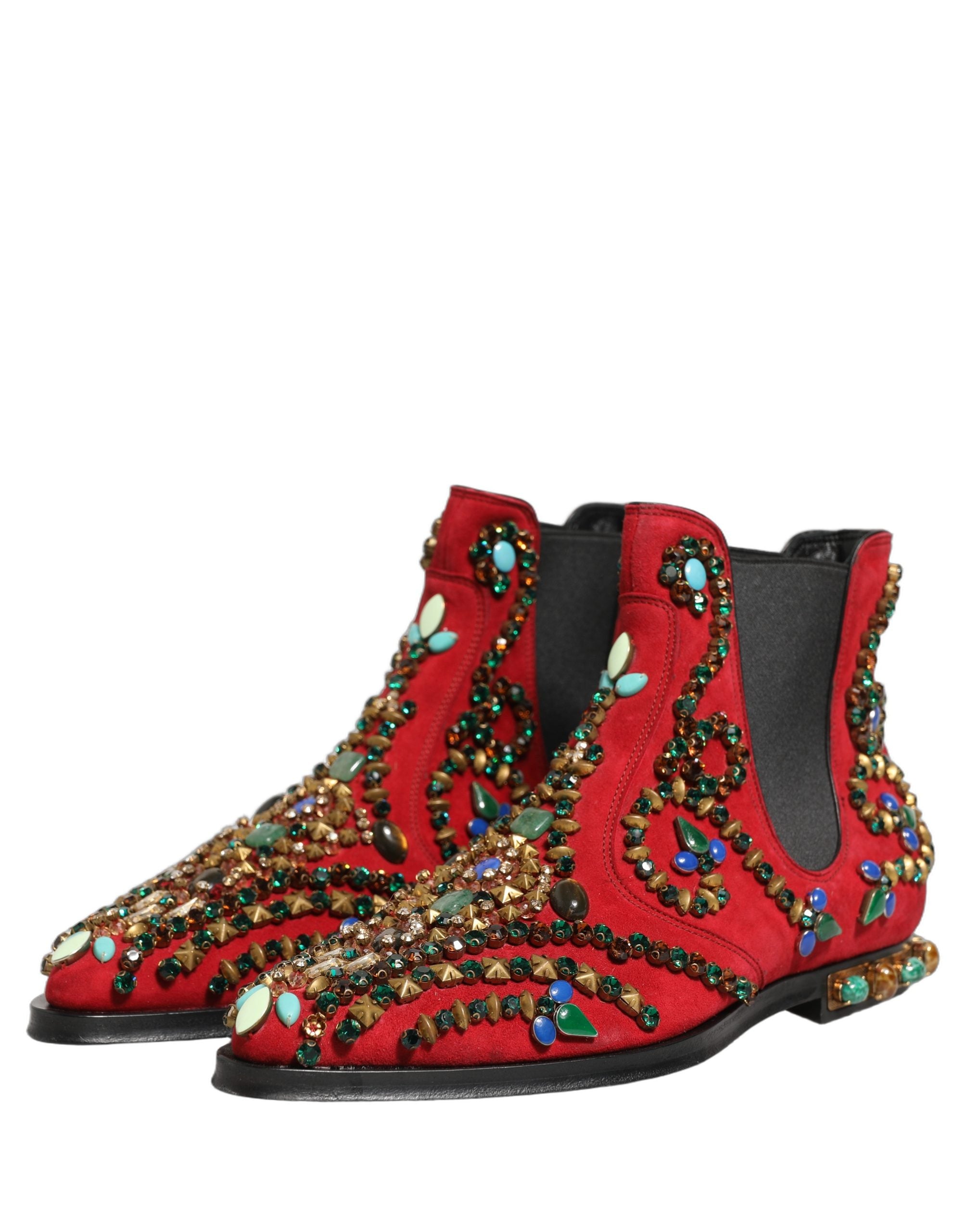Pre-Owned Dolce & Gabbana Red Embellished Chelsea Ankle Boots Shoes