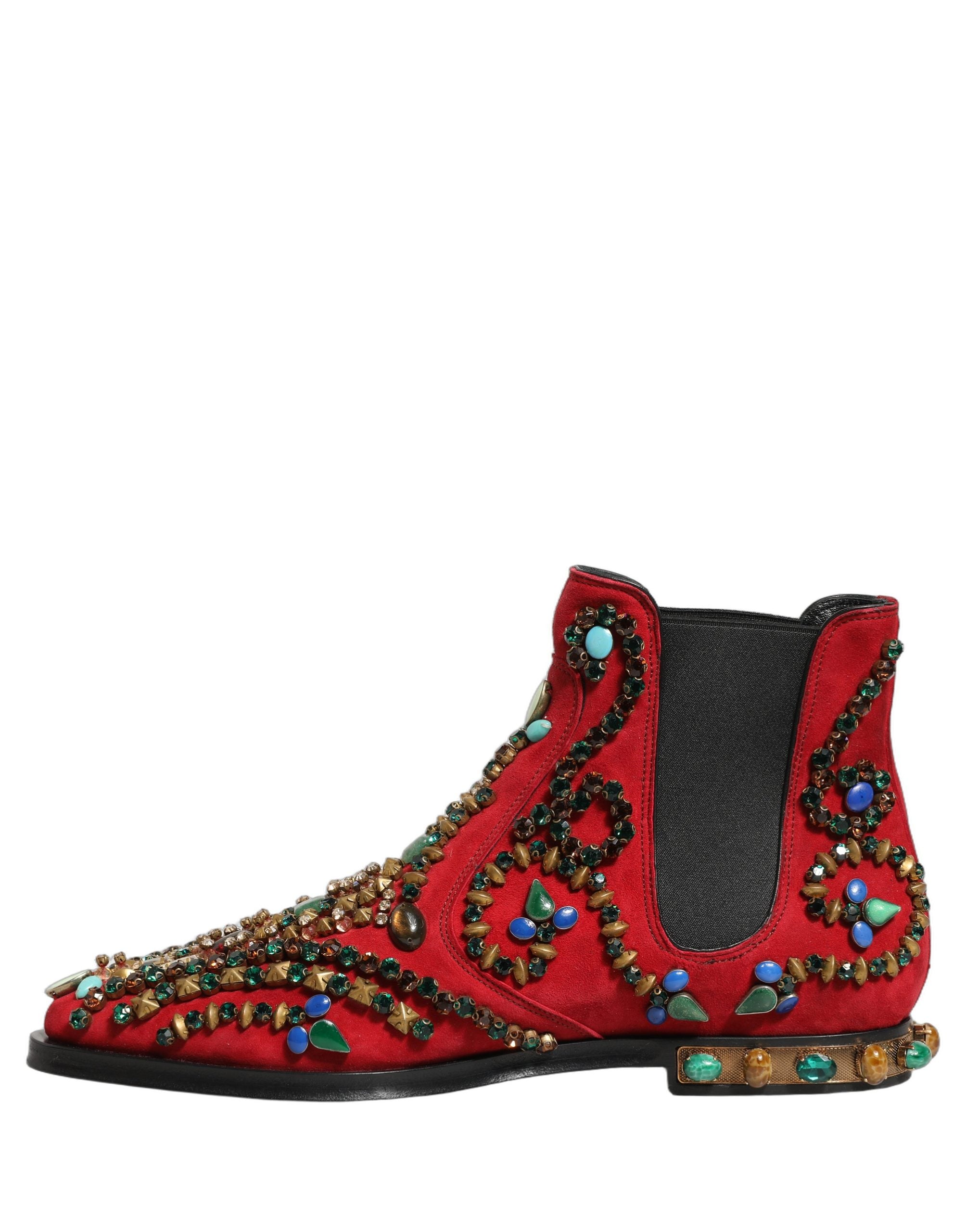 Pre-Owned Dolce & Gabbana Red Embellished Chelsea Ankle Boots Shoes
