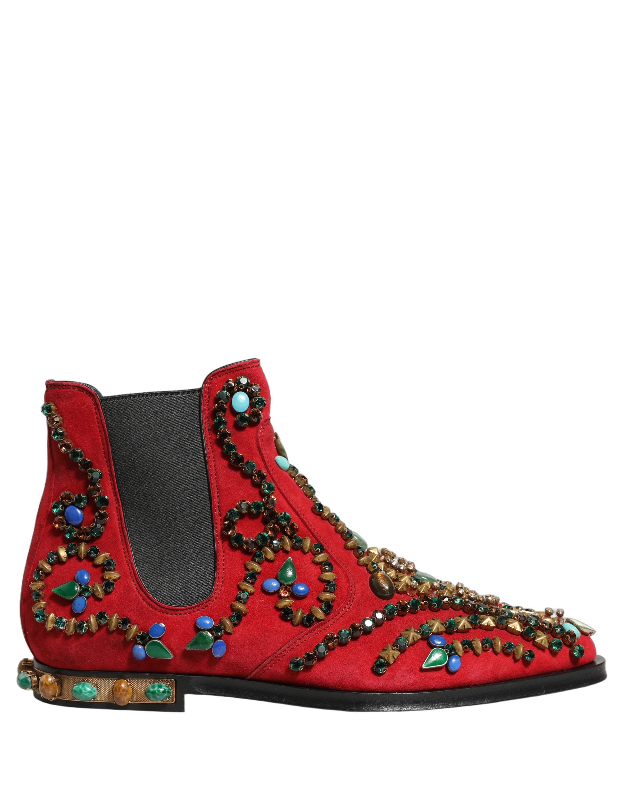 Pre-Owned Dolce & Gabbana Red Embellished Chelsea Ankle Boots Shoes