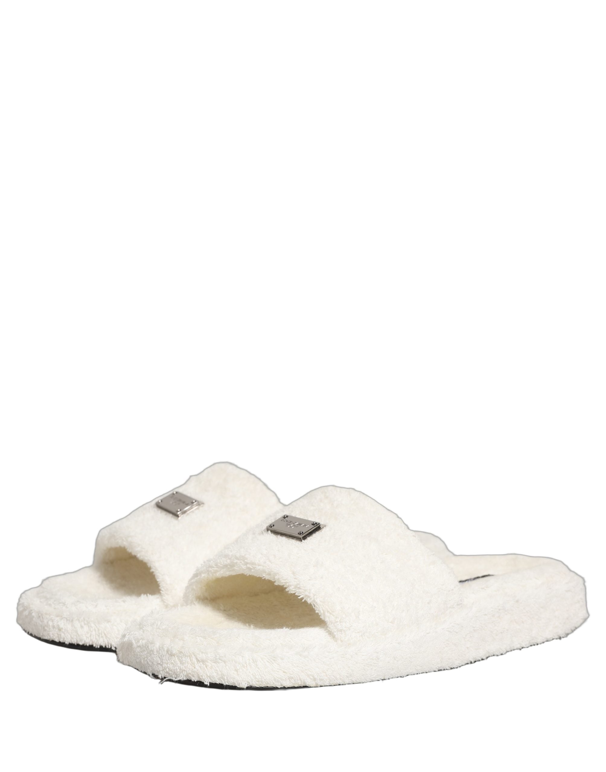 Dolce & Gabbana White Faux Fur Flats Men Slides Sandals Shoes