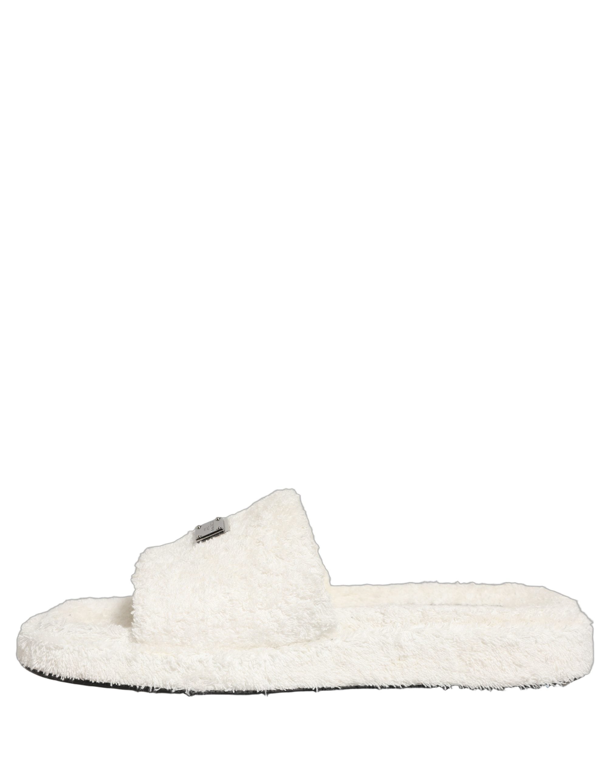Dolce & Gabbana White Faux Fur Flats Men Slides Sandals Shoes