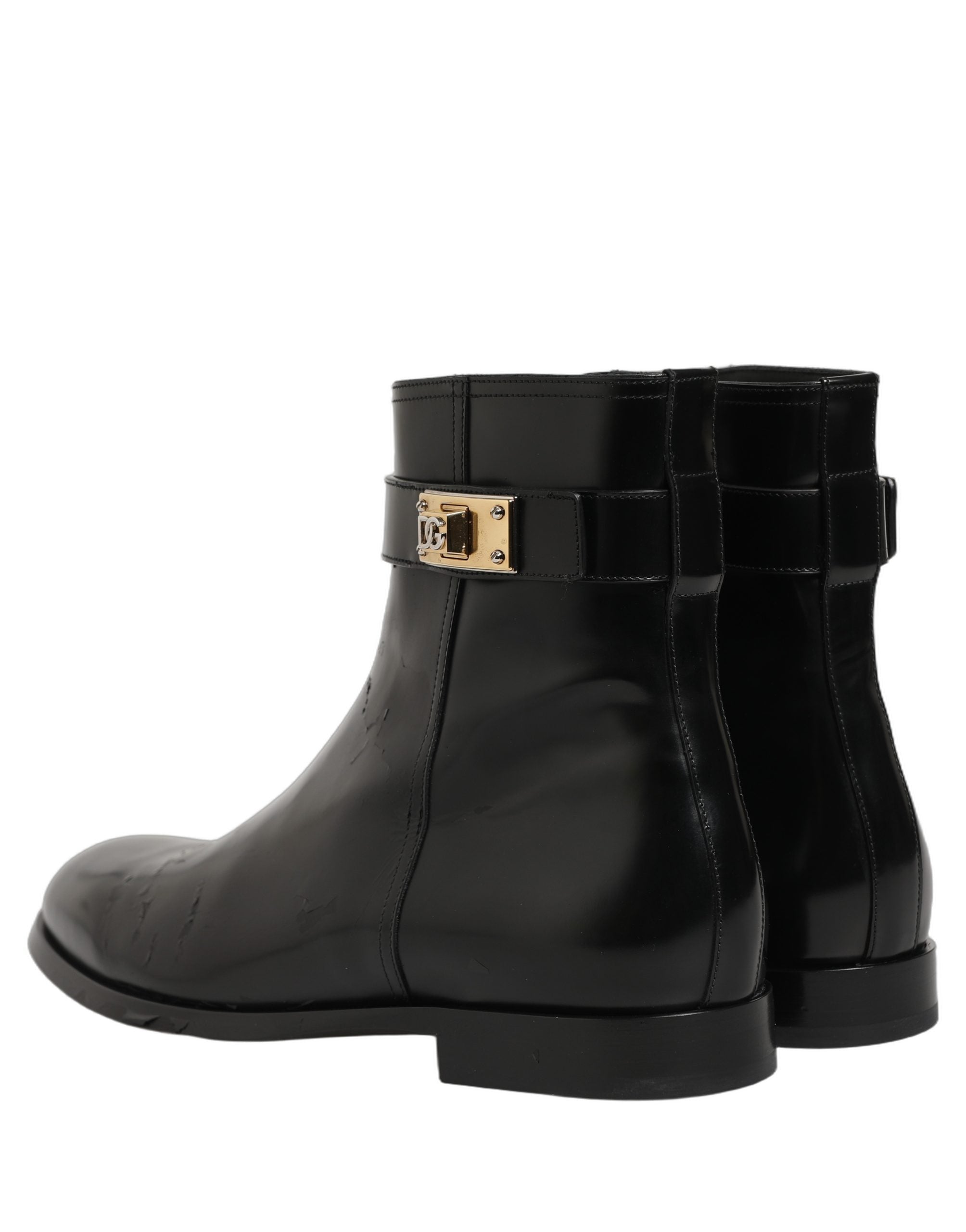 Pre-Owned Dolce & Gabbana Black Leather Logo Buckle Mid Calf Boots Shoes