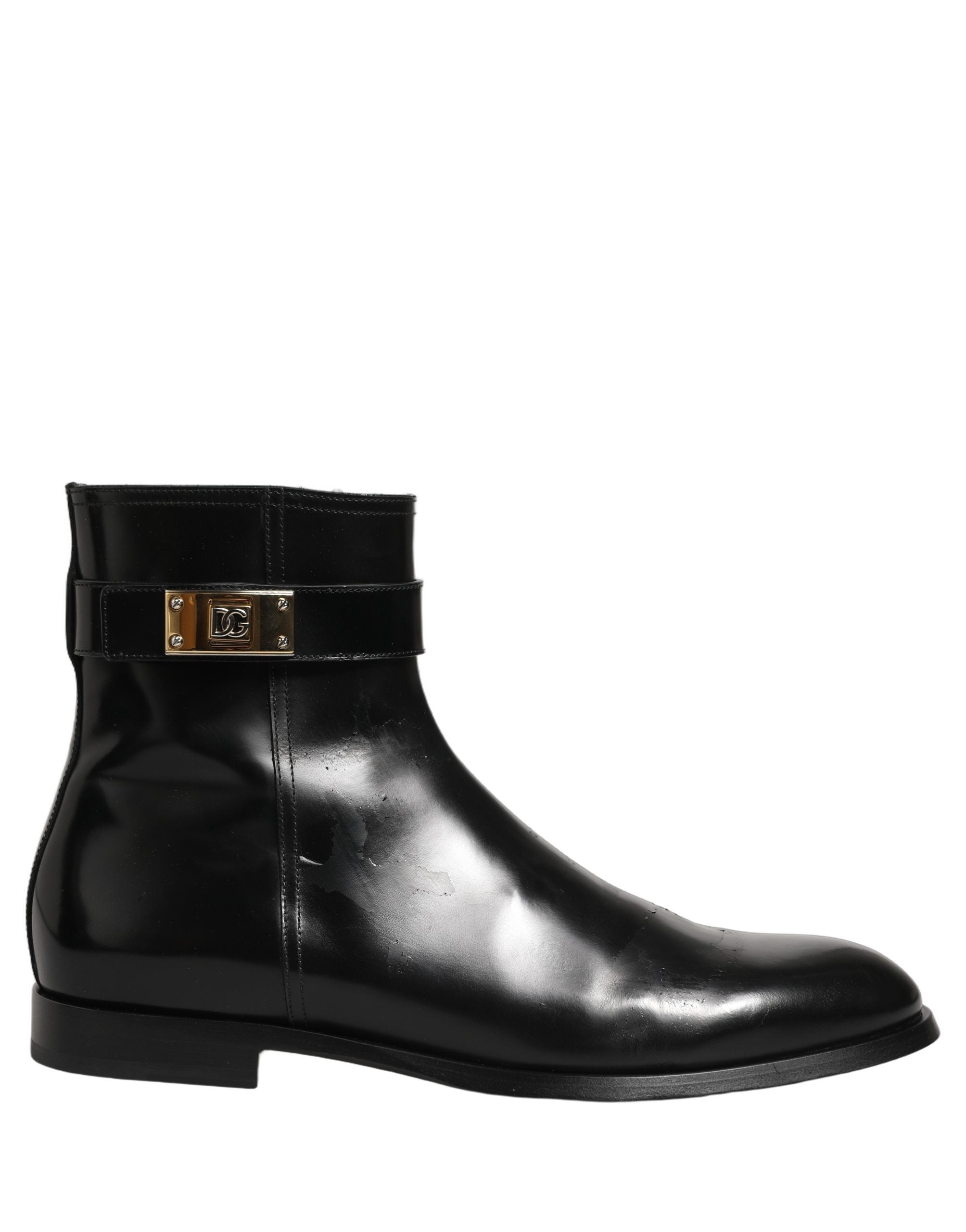 Pre-Owned Dolce & Gabbana Black Leather Logo Buckle Mid Calf Boots Shoes