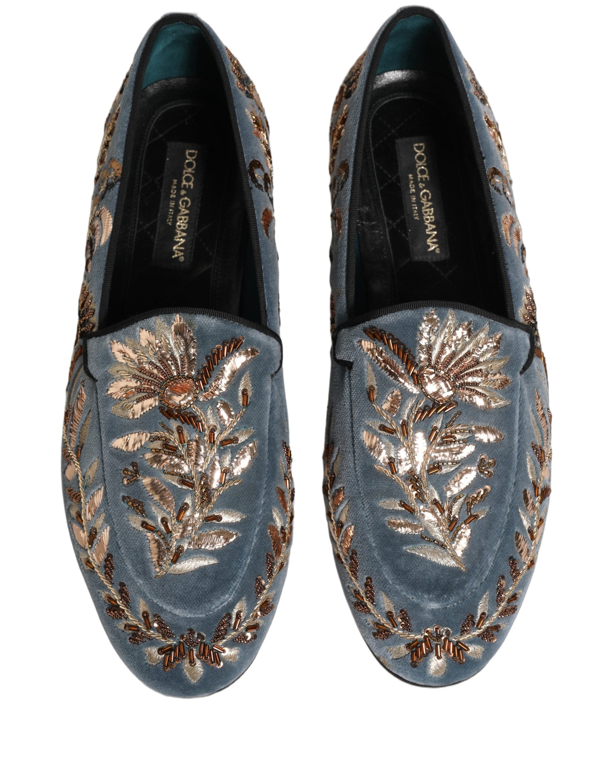 Pre-Owned Dolce & Gabbana Blue Velvet Embellished Dress Loafers Shoes