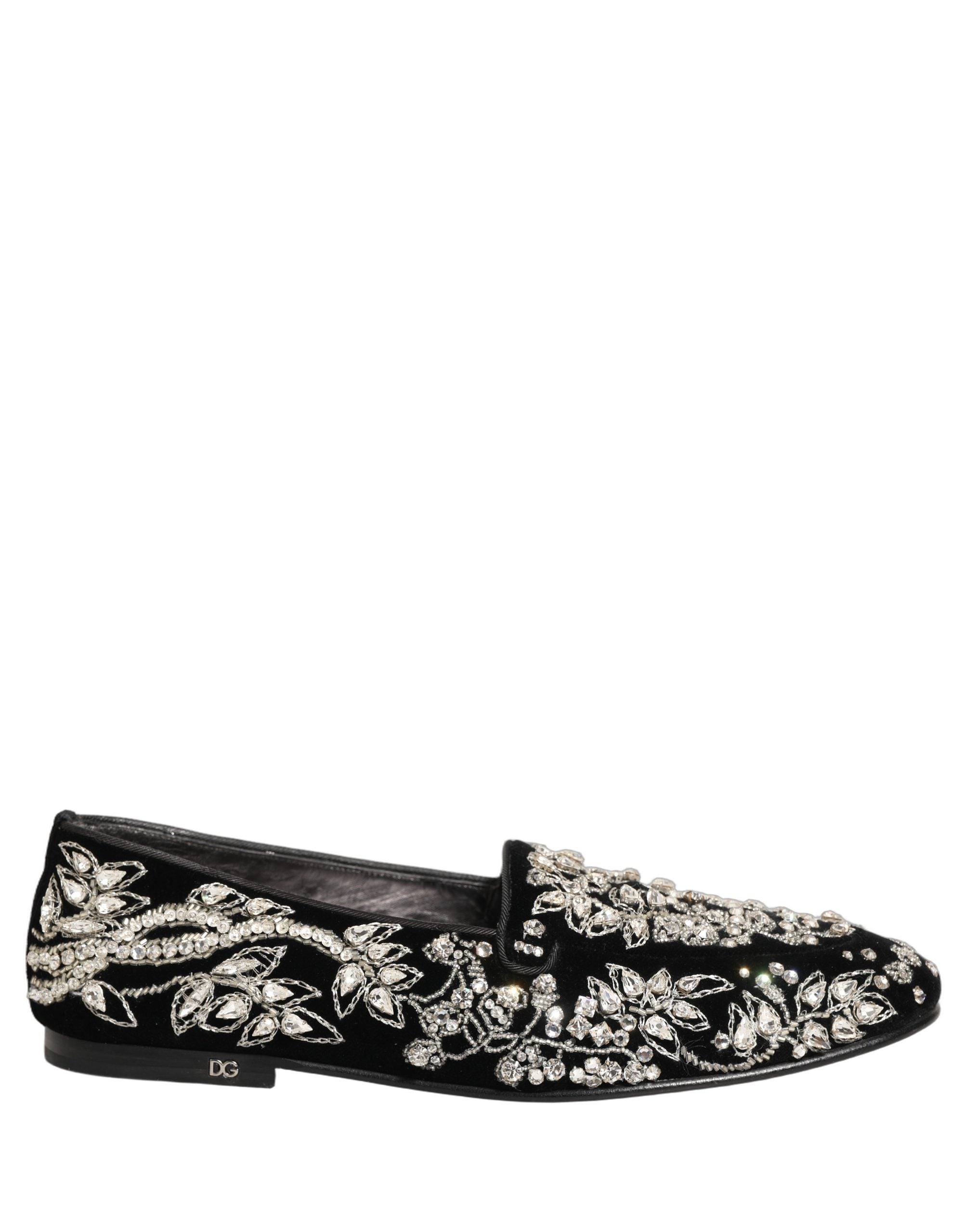 Pre-Owned Dolce & Gabbana Black Velvet Embellished Dress Loafers Shoes