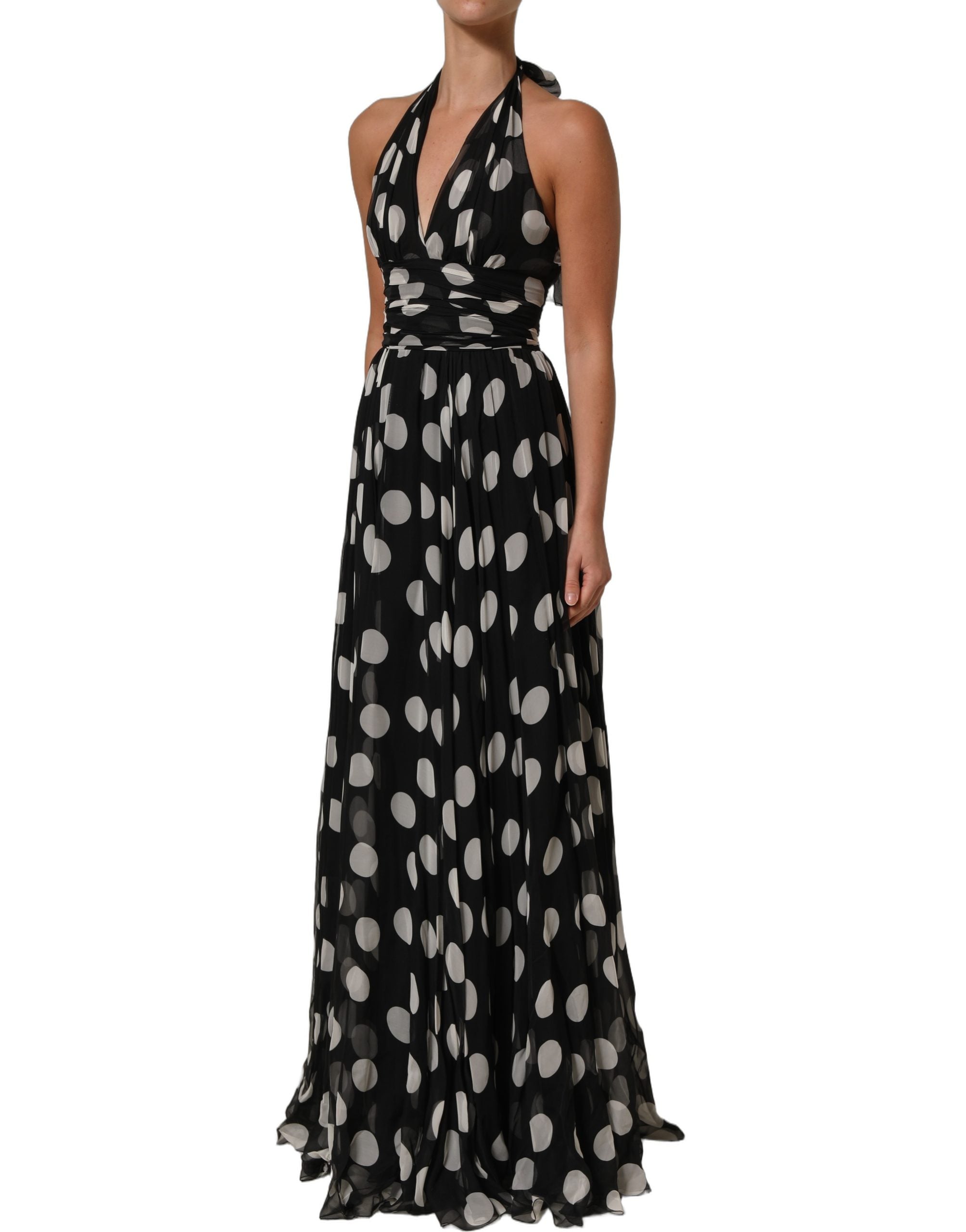 Dolce & Gabbana Black White Polka Dot Pleated Maxi Dress
