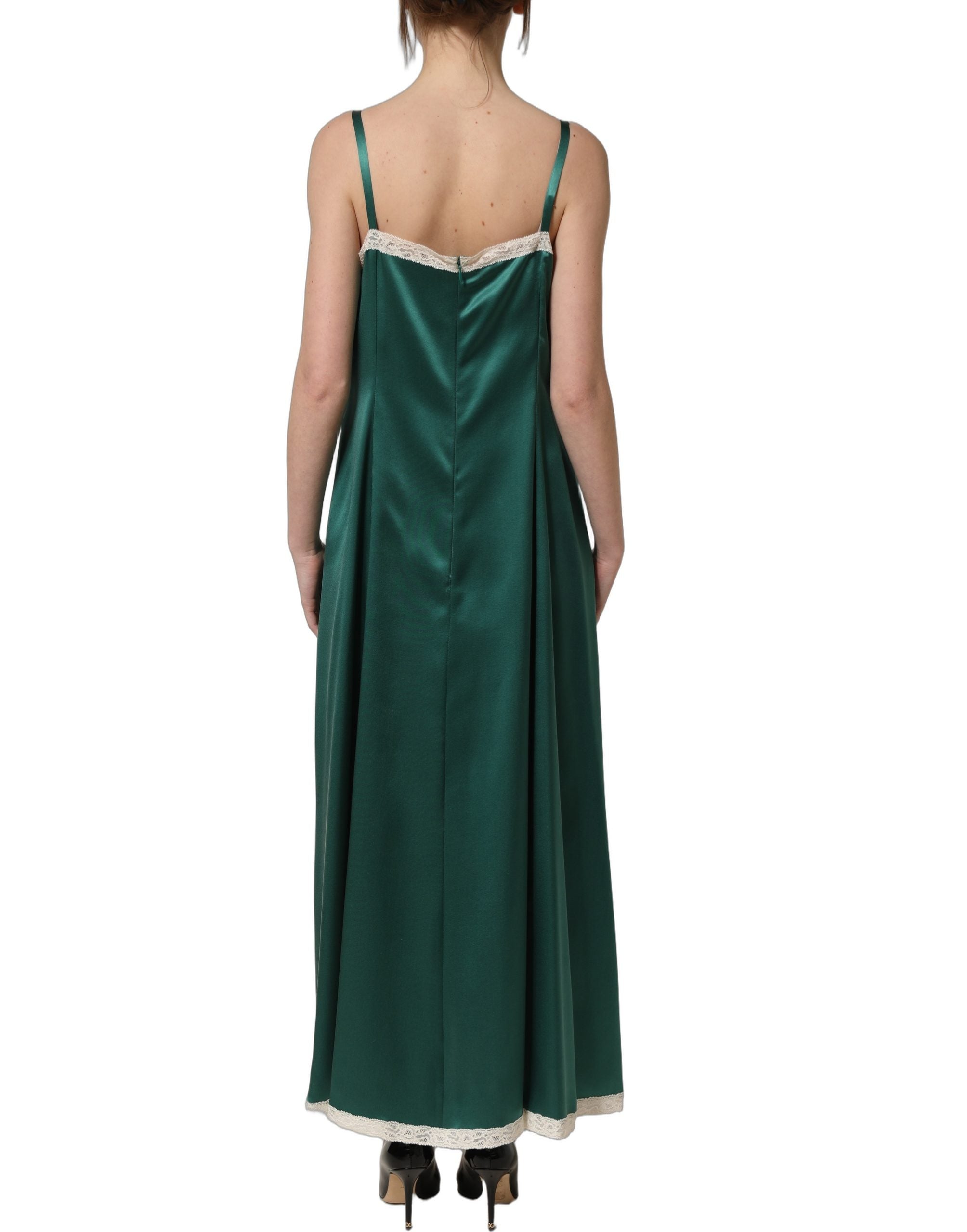 Dolce & Gabbana Green Satin Lace Trim Sleeveless Maxi Dress