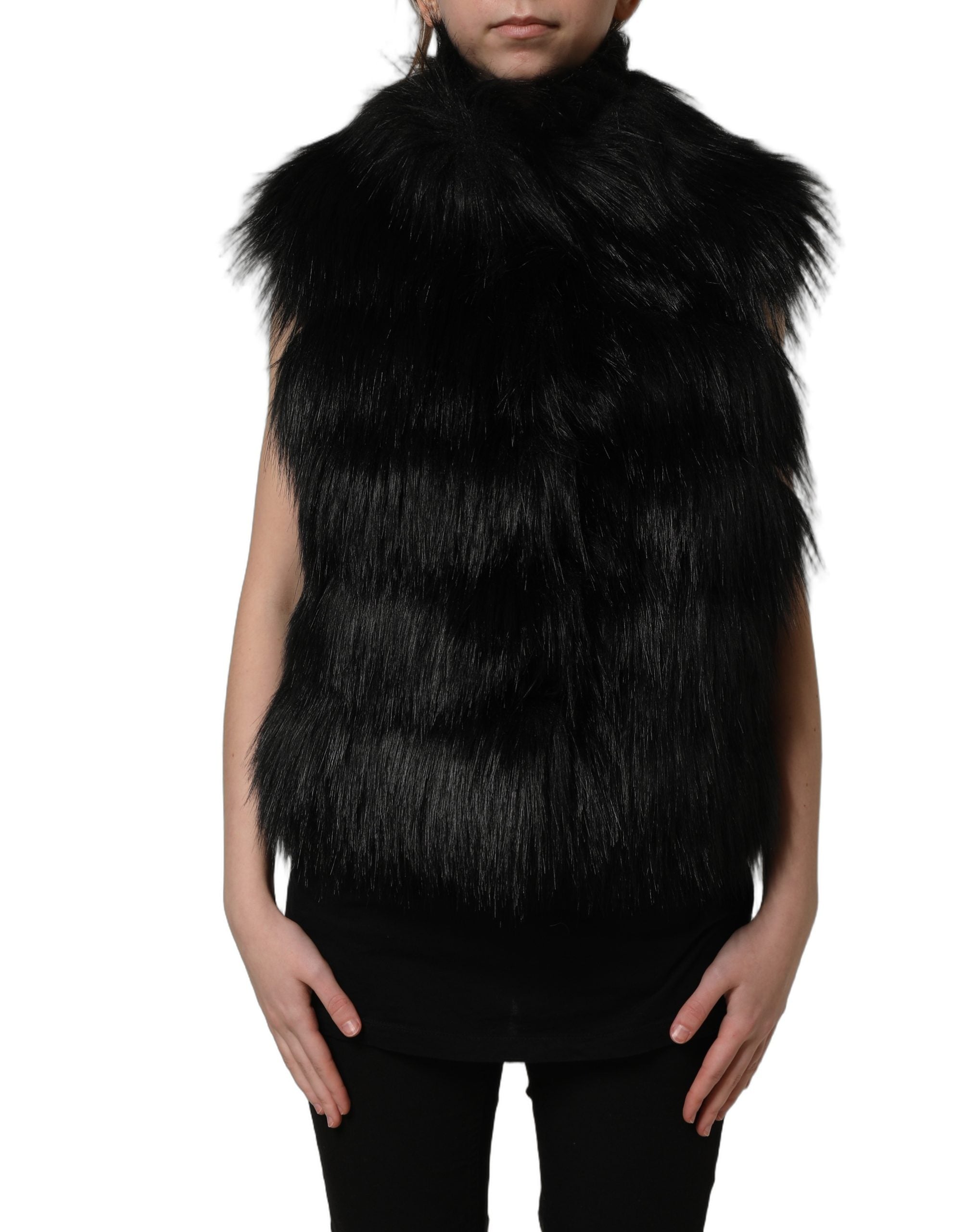 Dolce & Gabbana Black Acrylic Faux Fur Sleeveless Vest Jacket