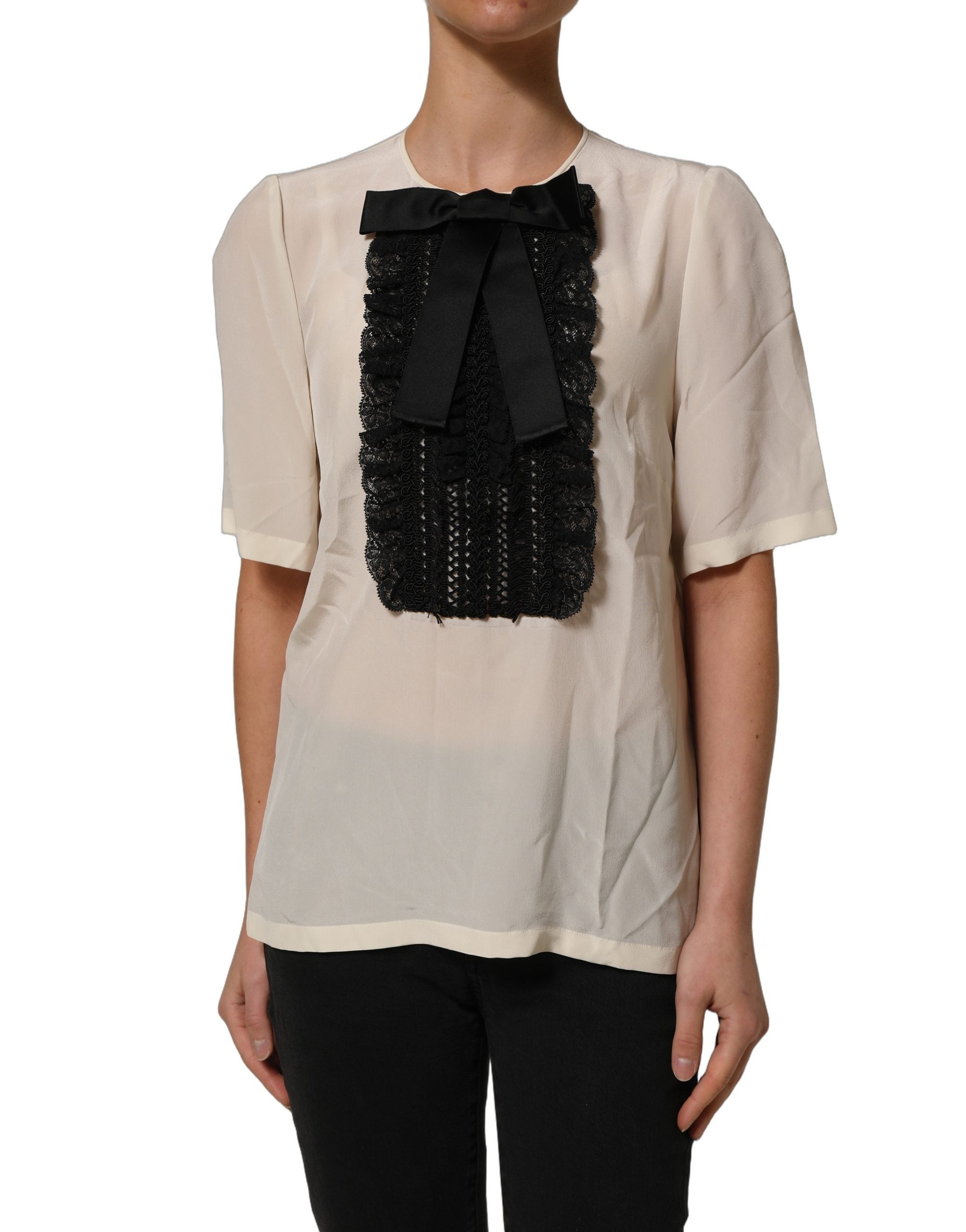 Dolce & Gabbana White Lace Trim Bow Short Sleeves Blouse Top