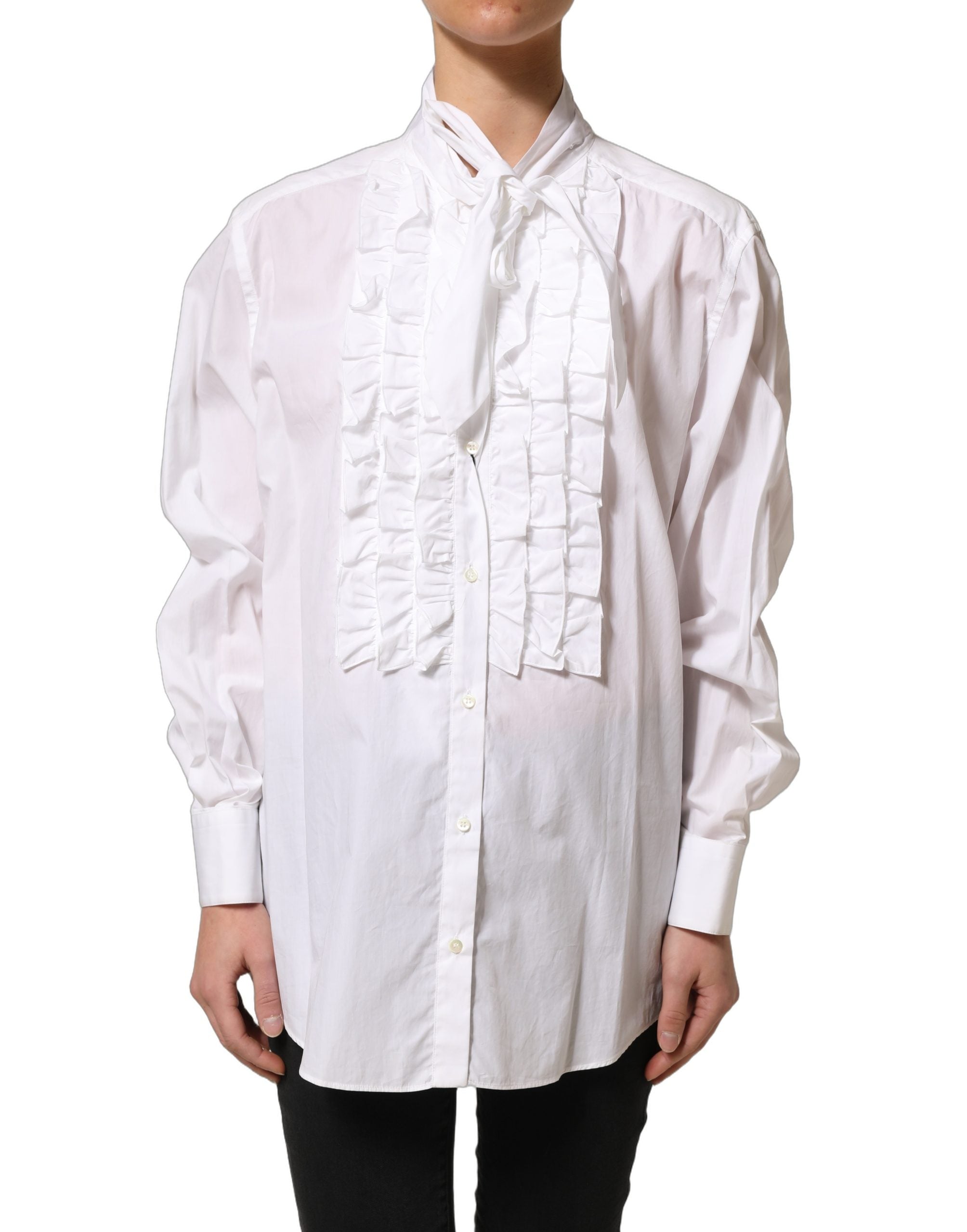 Dolce & Gabbana White Ruffled Long-Sleeved Cotton Blouse