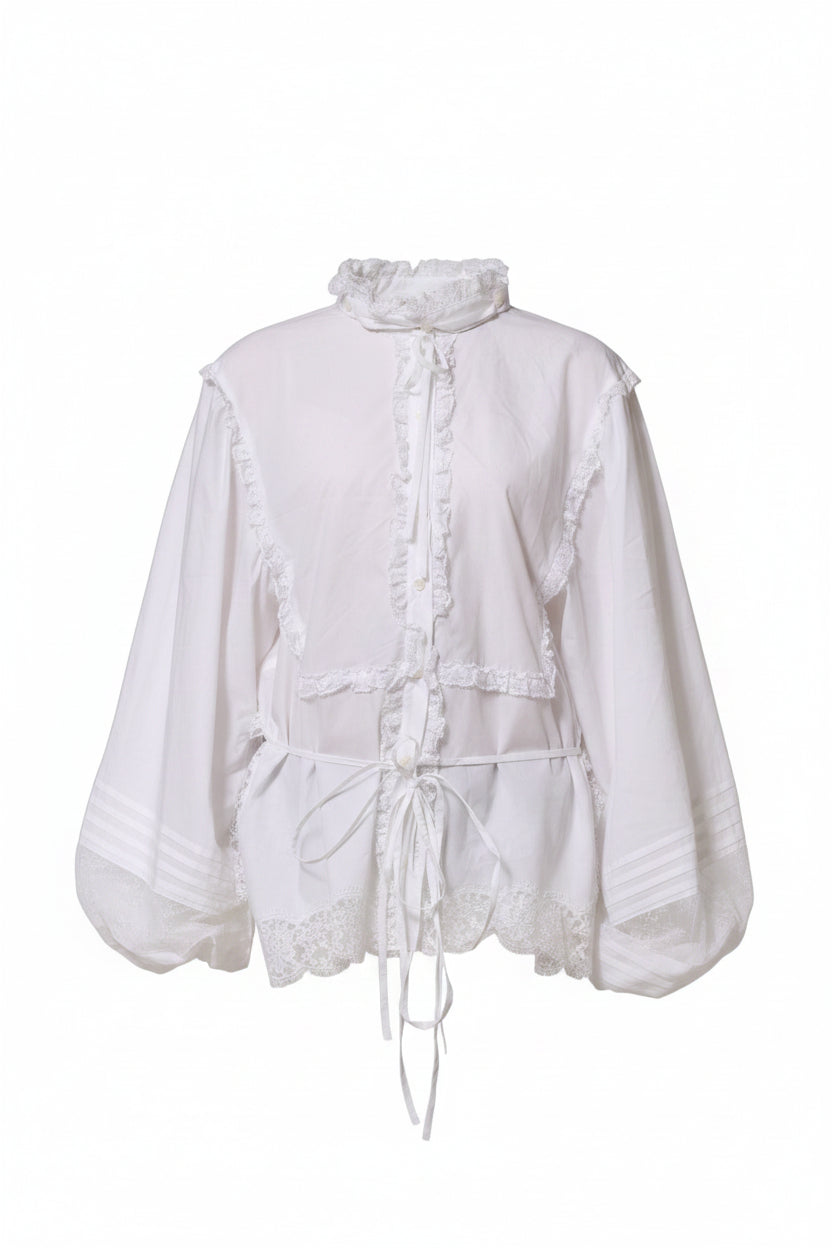 Dolce & Gabbana White Ruffled Lace Embellished Blouse