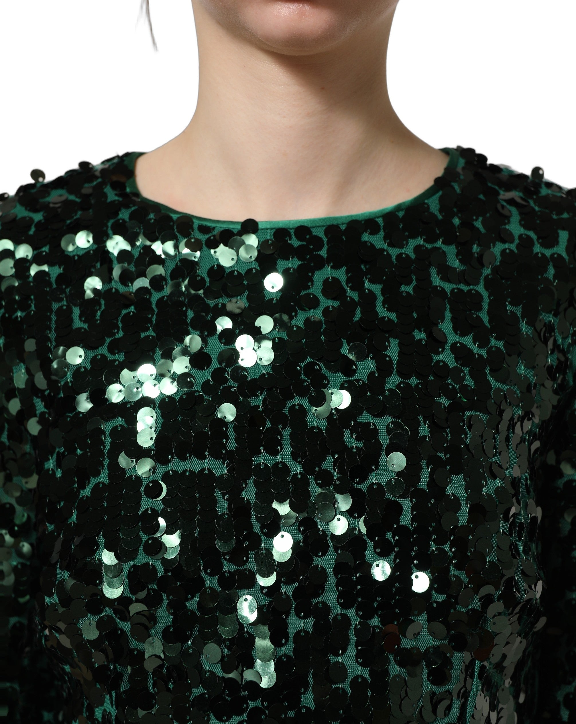 Dolce & Gabbana Green Sequin Long-Sleeved Cropped Blouse
