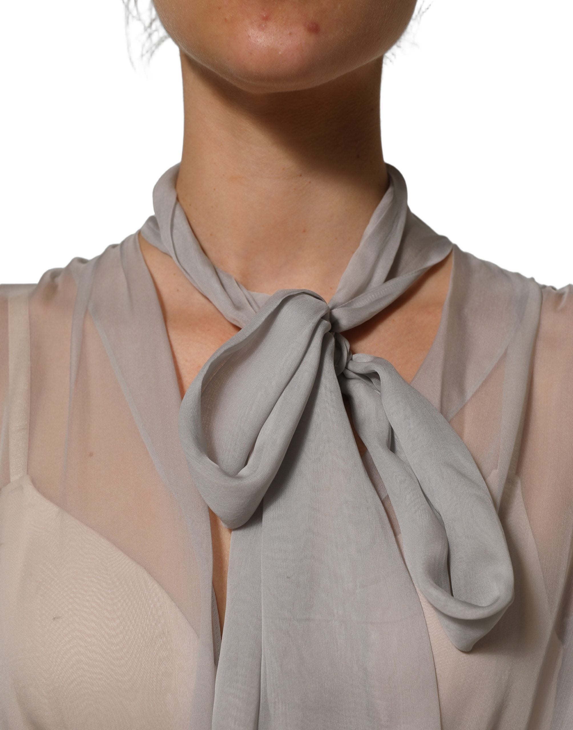 Dolce & Gabbana Gray Sheer Silk Chiffon Shirt Bow Collar Top