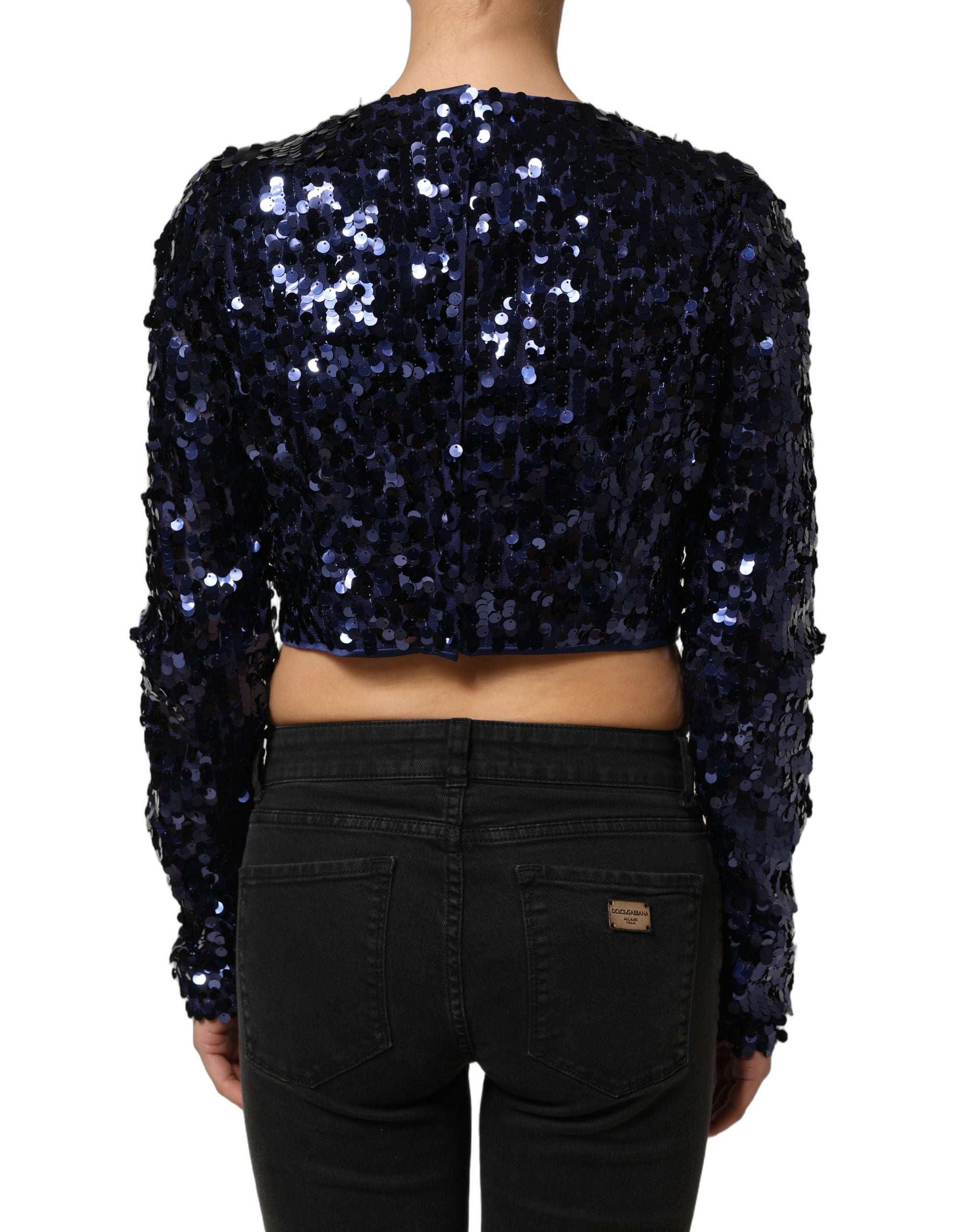 Dolce & Gabbana Blue Sequin Long-Sleeved Cropped Blouse