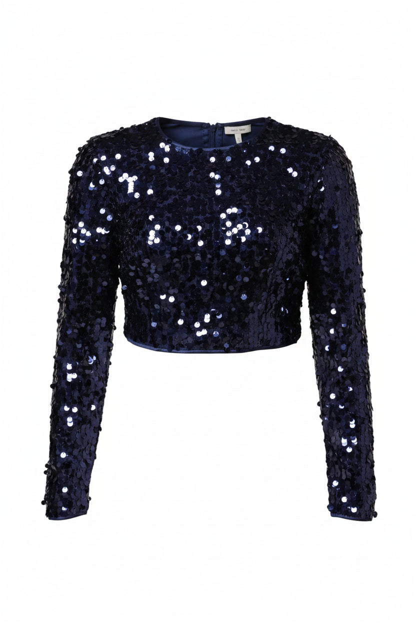Dolce & Gabbana Blue Sequin Long-Sleeved Cropped Blouse