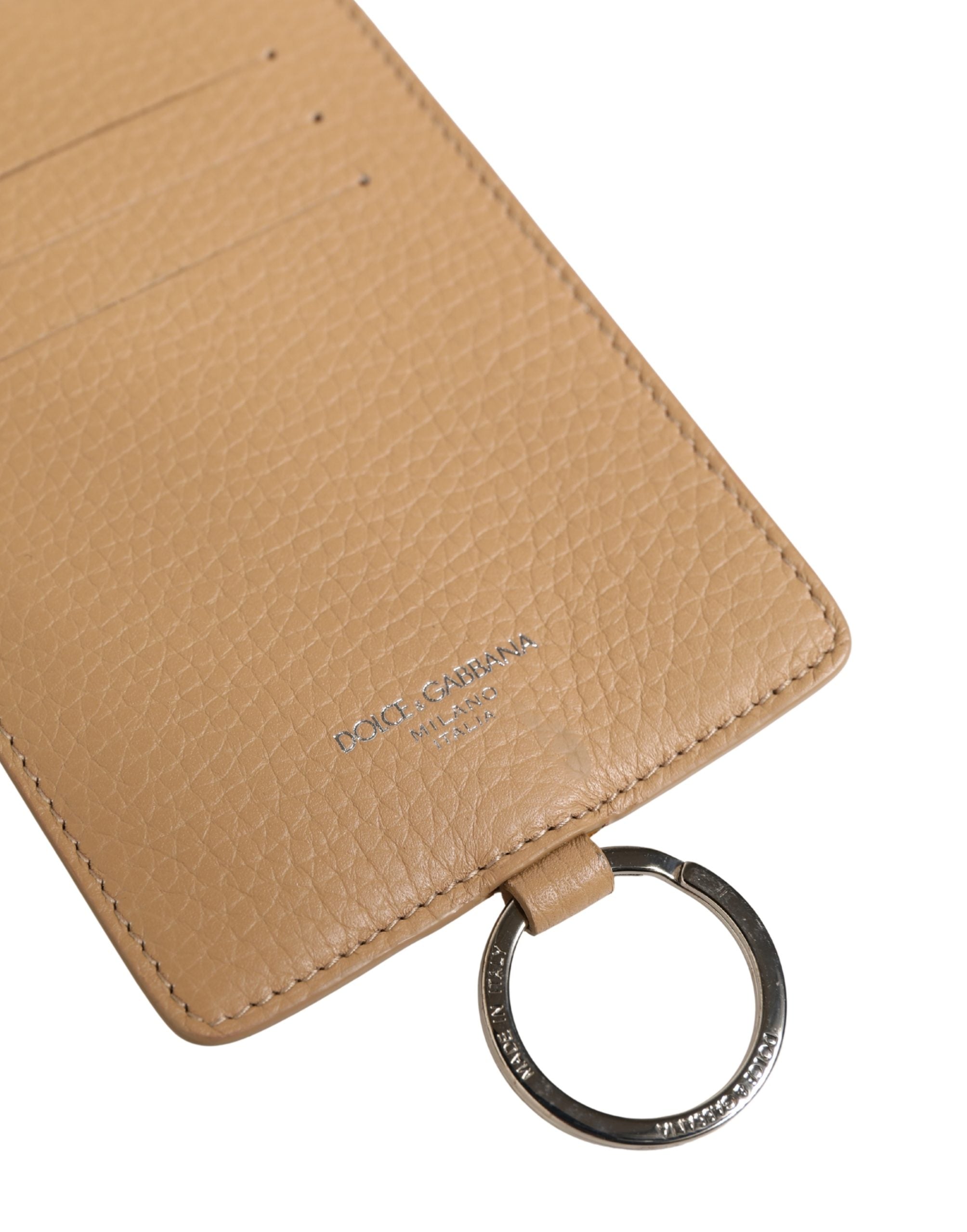 Dolce & Gabbana Beige Leather Logo Emsed Lanyard Card Holder Wallet