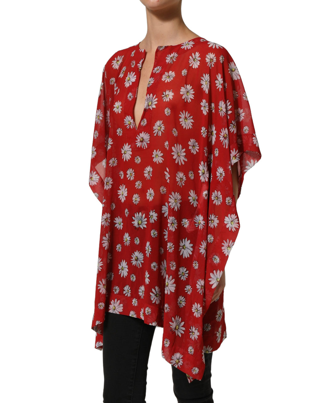 Dolce & Gabbana Red Floral V-neck Kaftan Blouse Top
