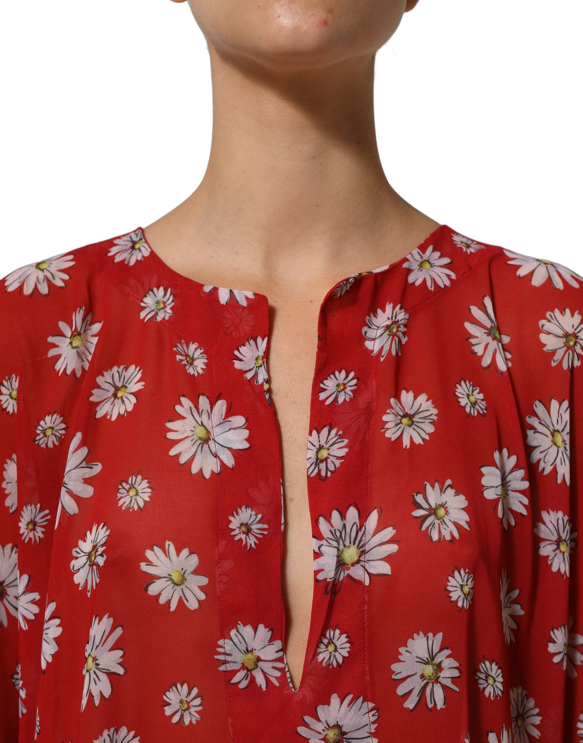 Dolce & Gabbana Red Floral V-neck Kaftan Blouse Top
