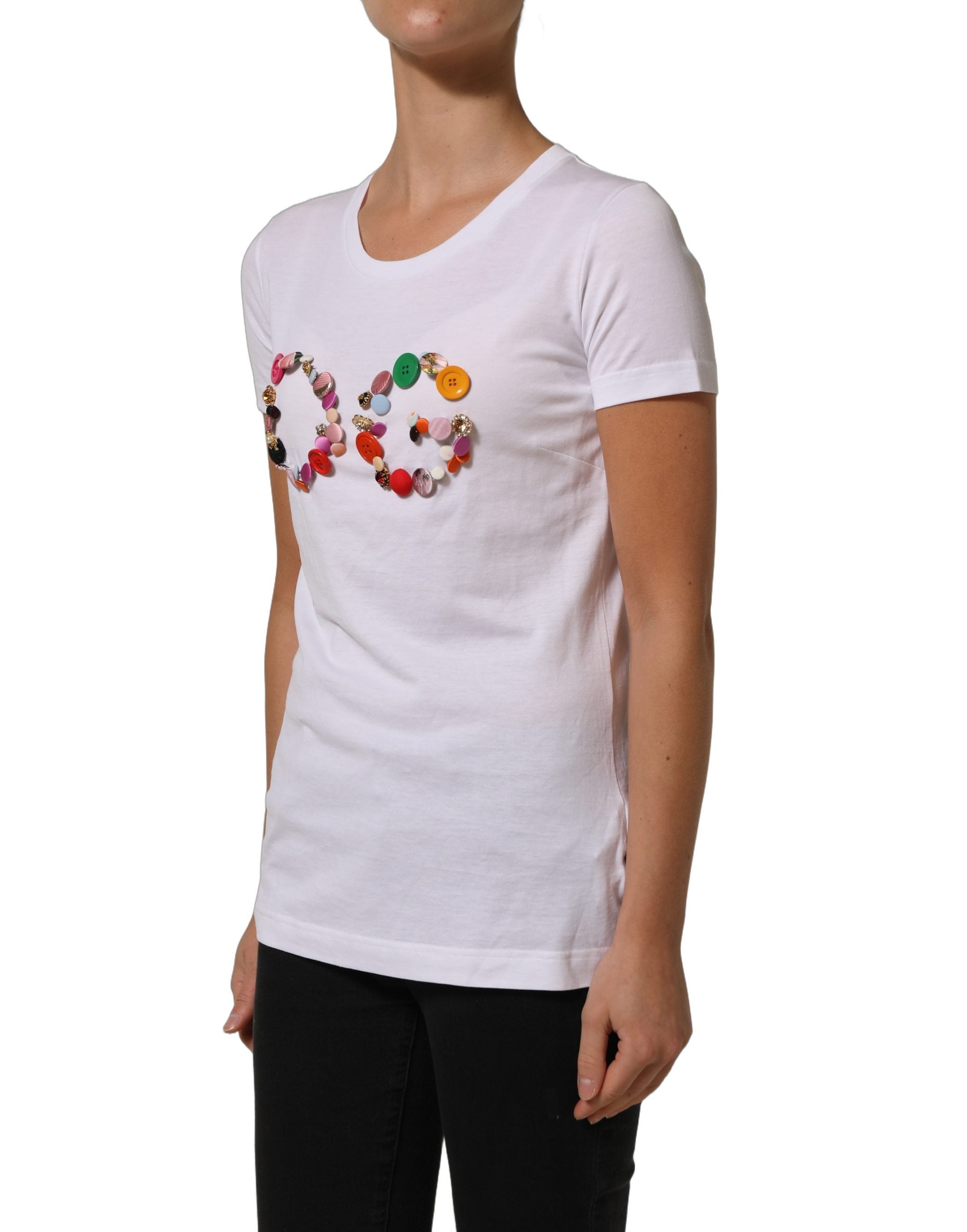 Dolce & Gabbana White DG Logo Embellished Round Neck T-shirt