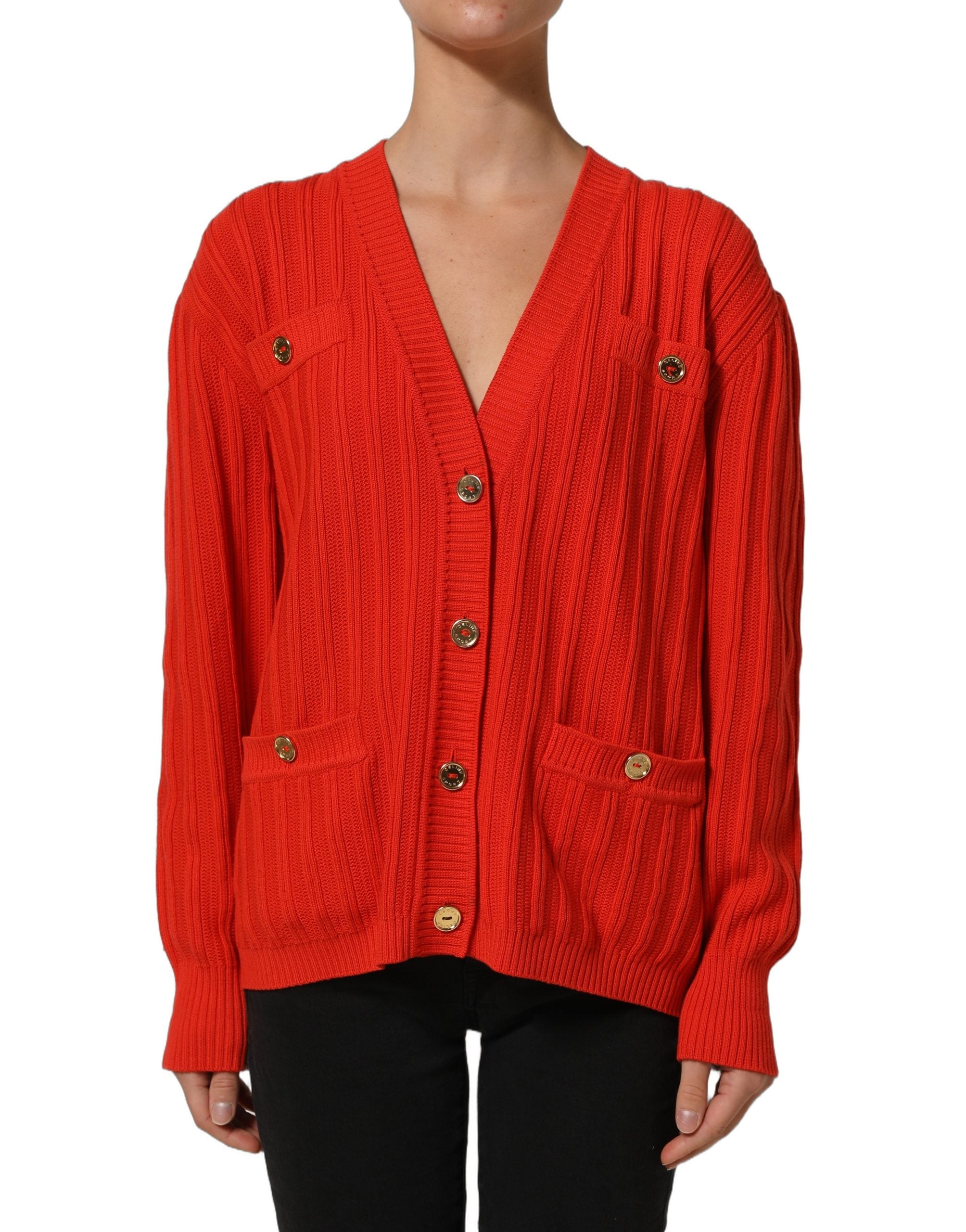Celine Red Wool Knit ButtonEmbellished Cardigan Sweater