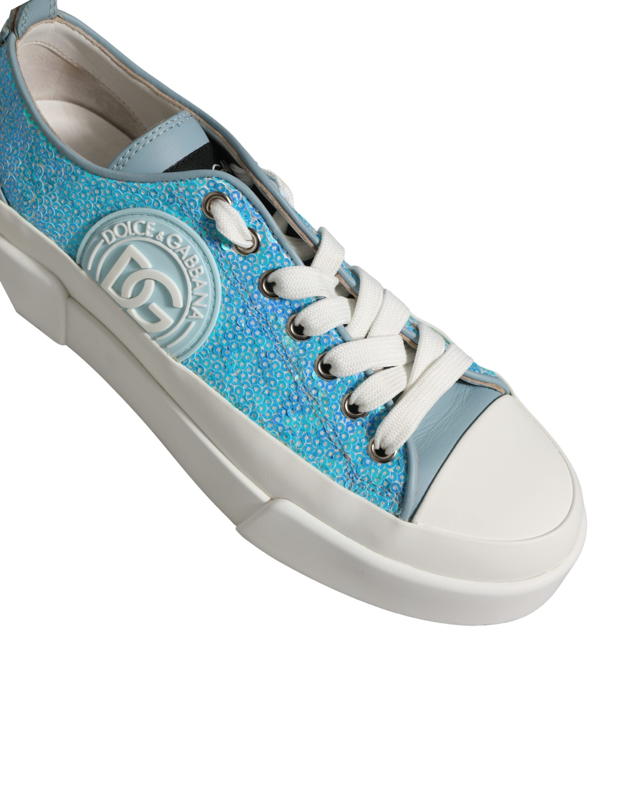 Dolce & Gabbana Blue White Sequin Logo Low Top Sneakers Shoes