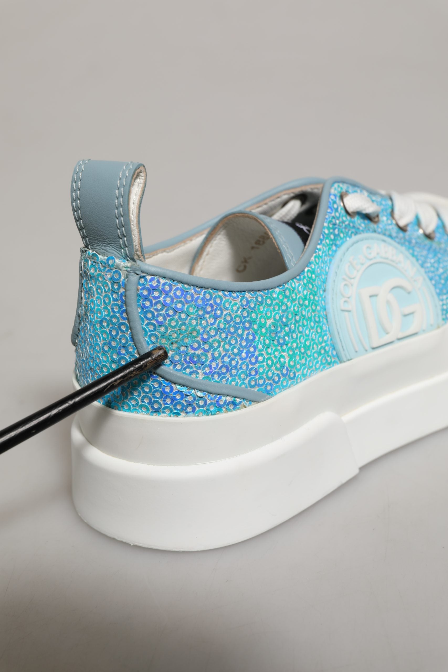 Dolce & Gabbana Blue White Sequin Logo Low Top Sneakers Shoes
