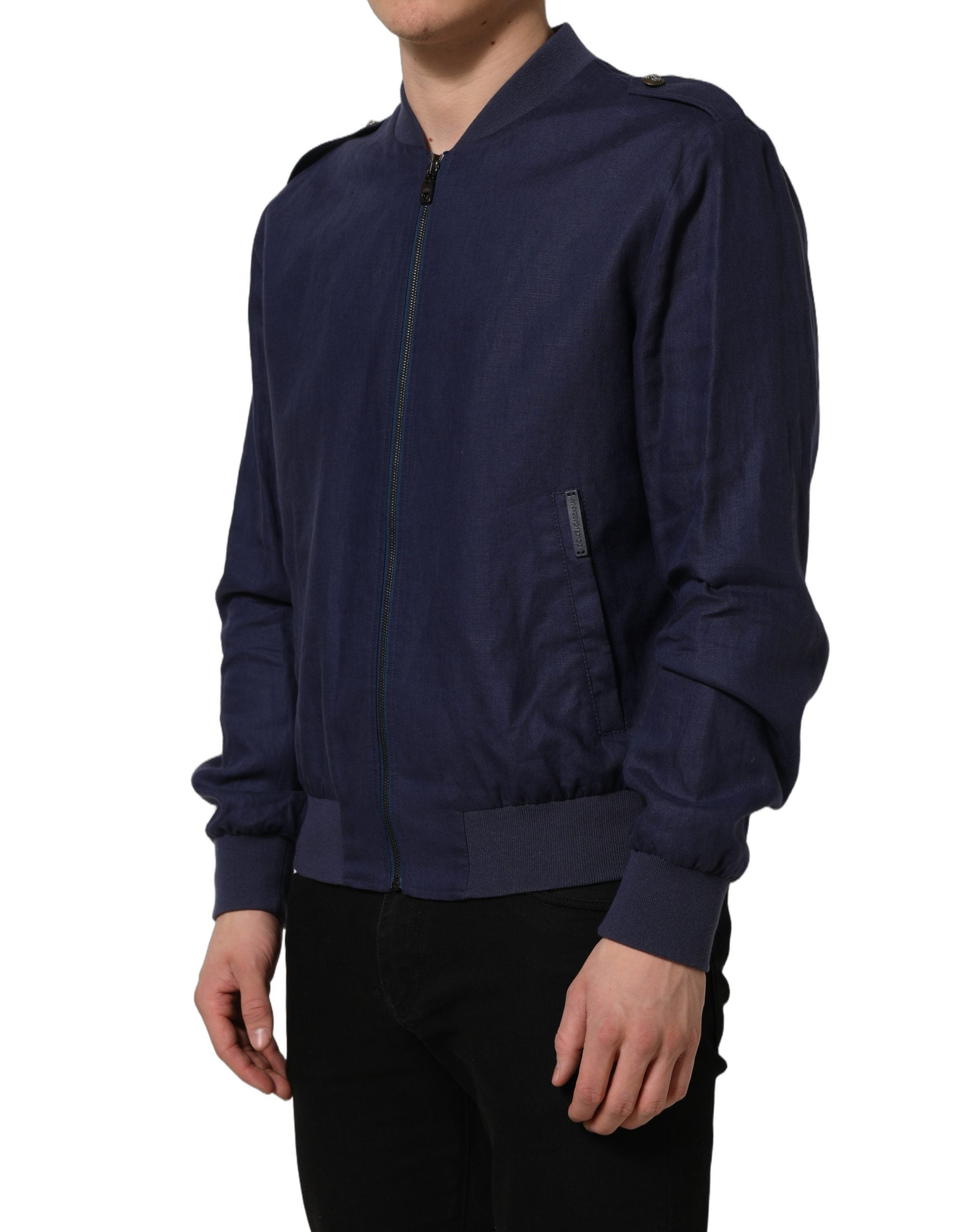 Dolce & Gabbana Blue Linen Full Zip Men Bomber Jacket