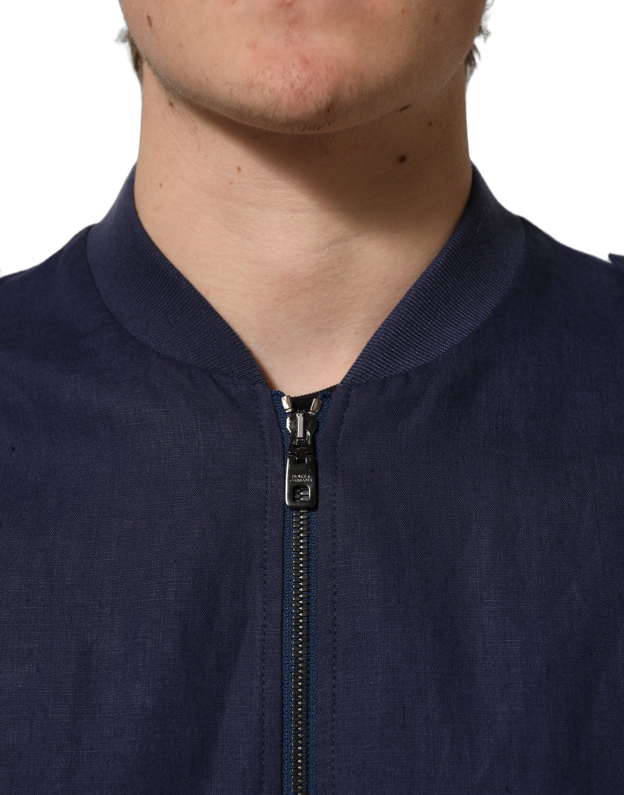 Dolce & Gabbana Blue Linen Full Zip Men Bomber Jacket