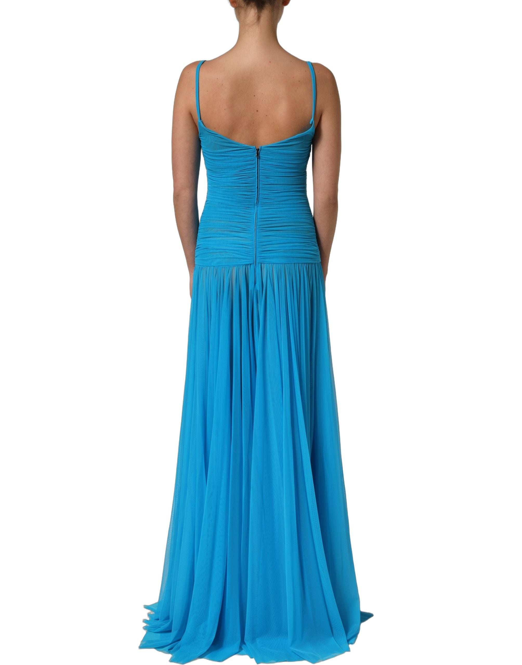Dolce & Gabbana Blue Nylon Pleated Chiffon CutOut Gown Dress