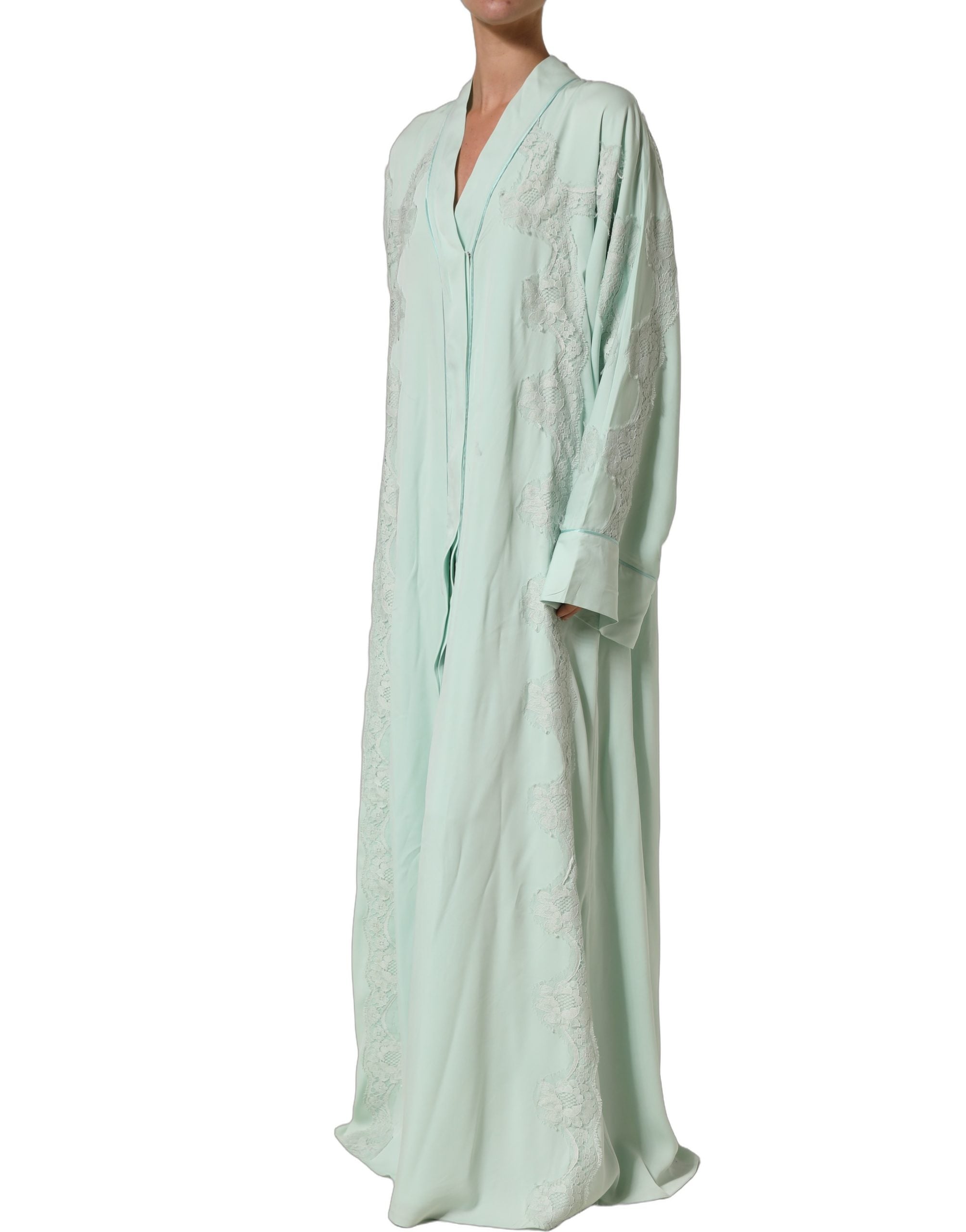 Dolce & Gabbana Mint Green Silk Lace Trim Abaya Maxi Dress