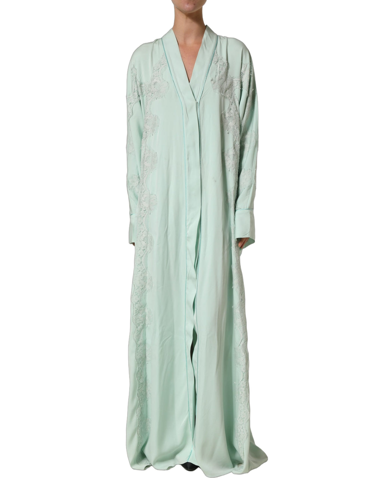 Dolce & Gabbana Mint Green Silk Lace Trim Abaya Maxi Dress