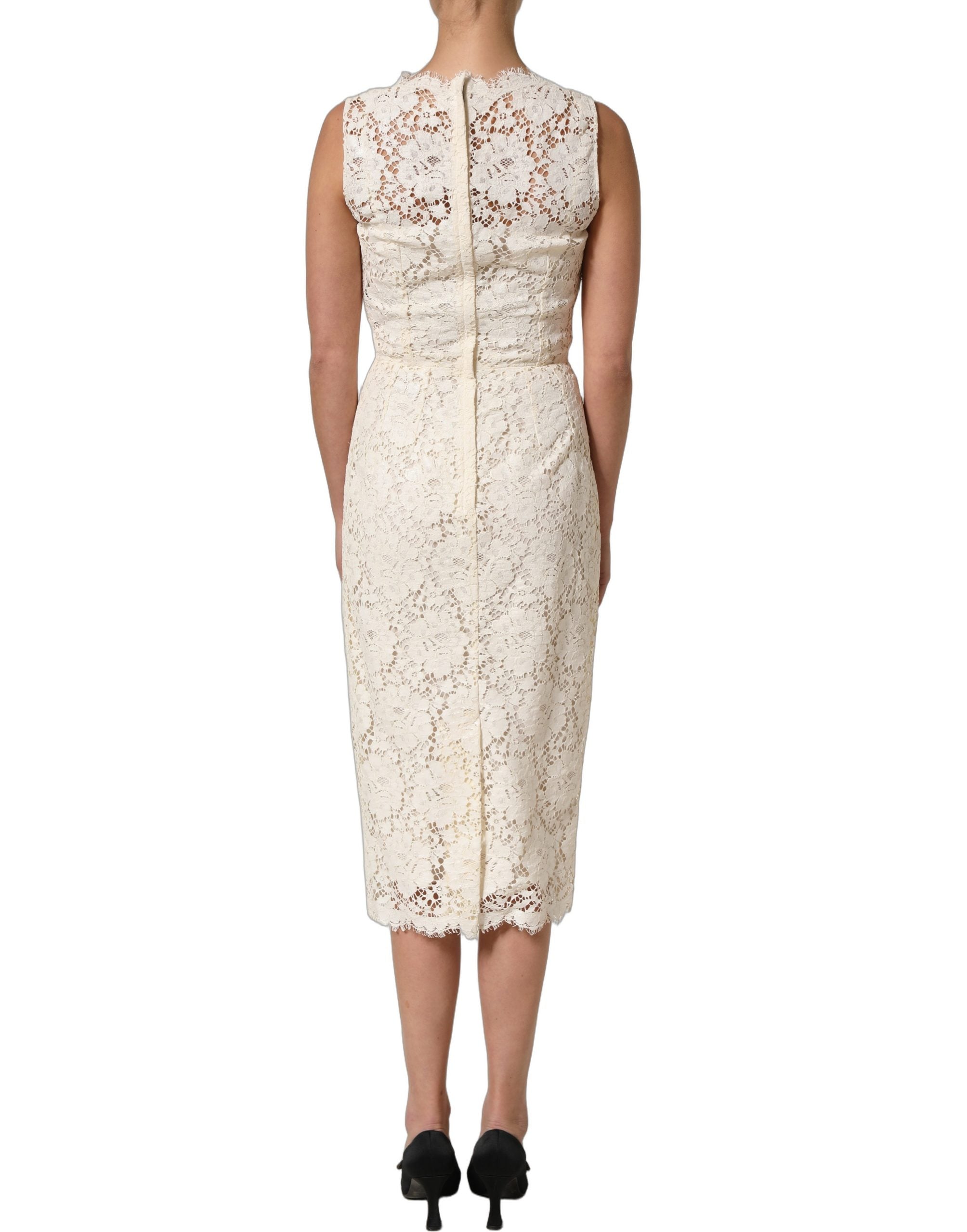 Dolce & Gabbana White Cotton Corded Lace Sleeveless Midi Dress