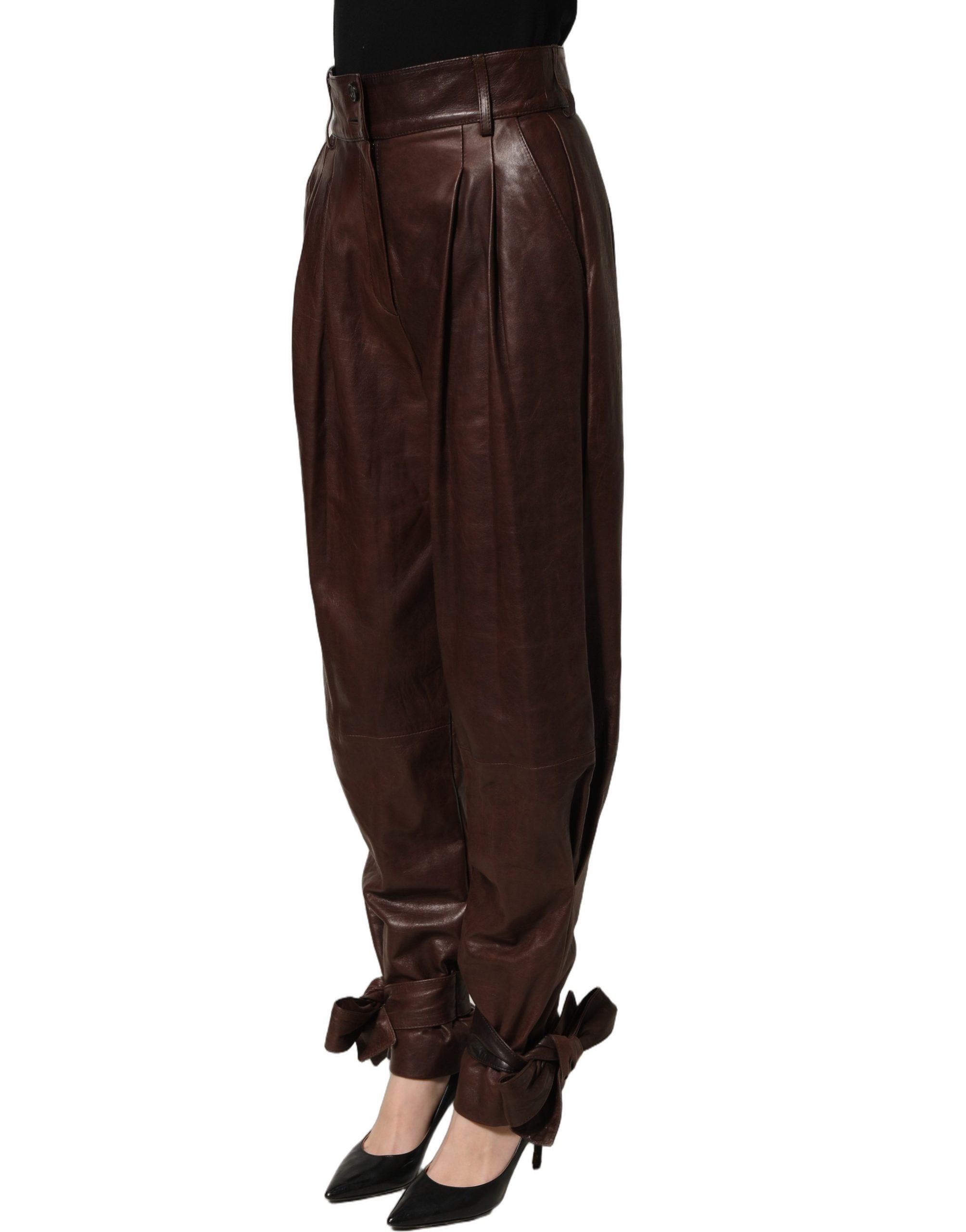 Dolce & Gabbana Brown Leather High Waist Tapered Leg Pants