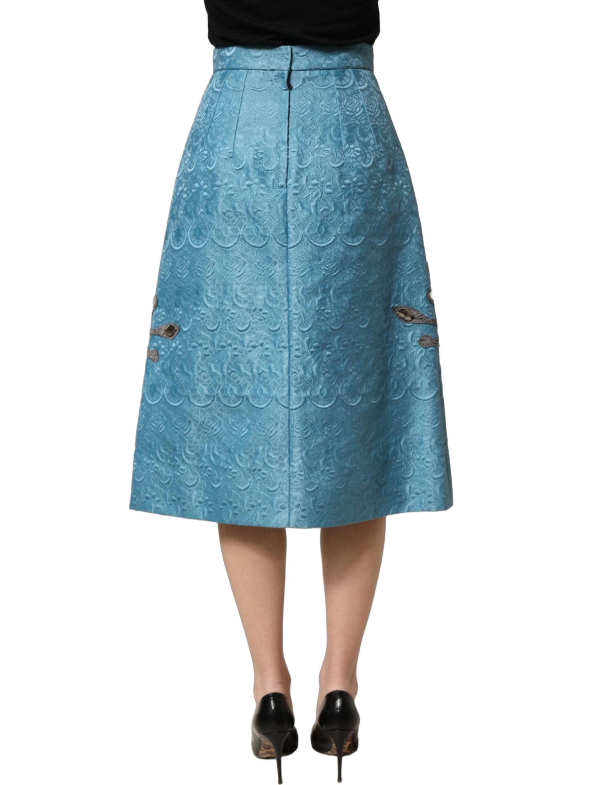 Dolce & Gabbana Blue Jacquard Embroidered A-line Midi Skirt