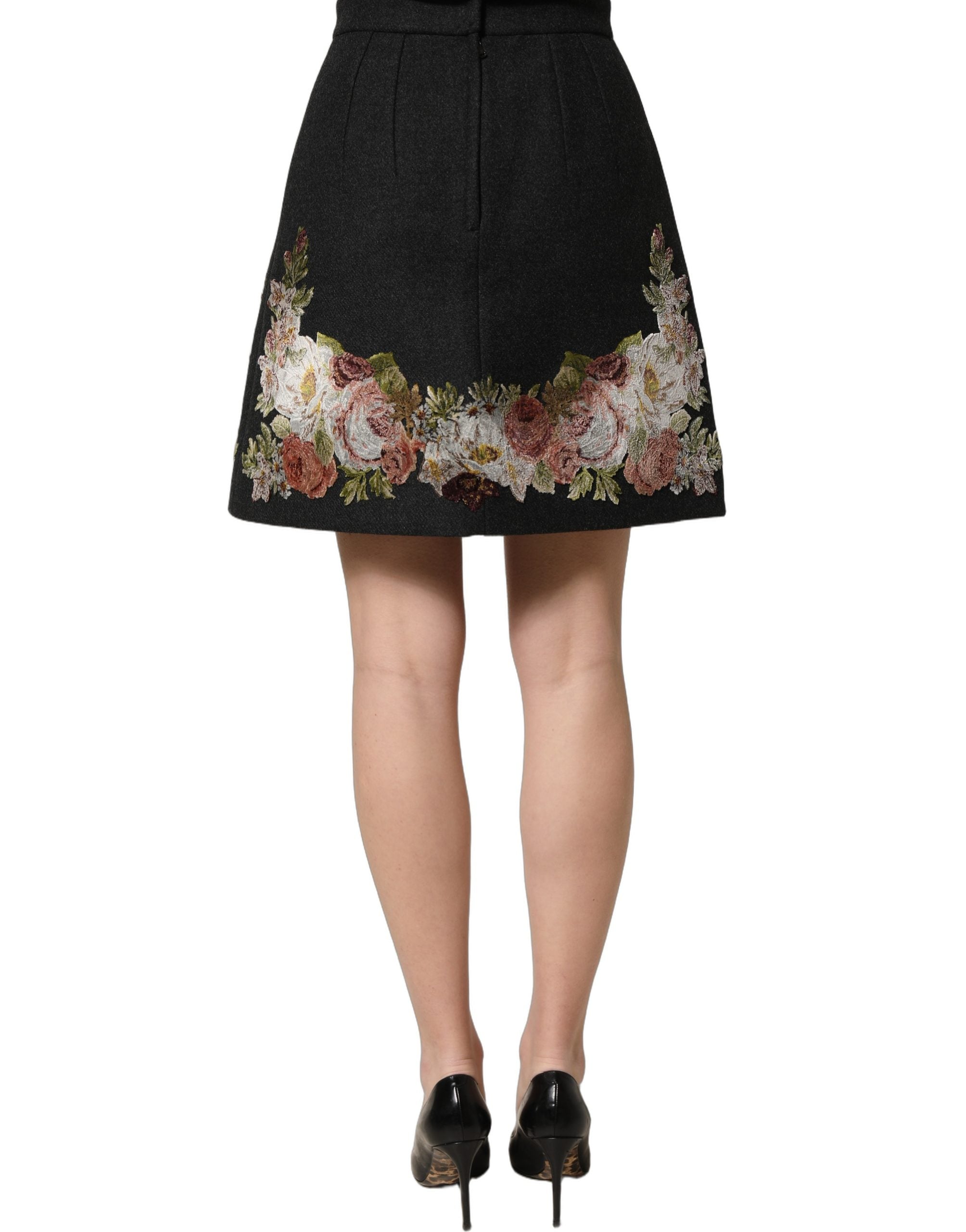 Dolce & Gabbana Black Floral Macramé High Waist A-line Skirt