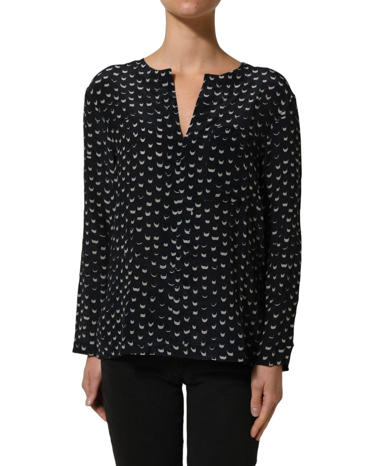 Bruno Manetti Black SIlk Long Sleeves Deep V-neck Blouse Top