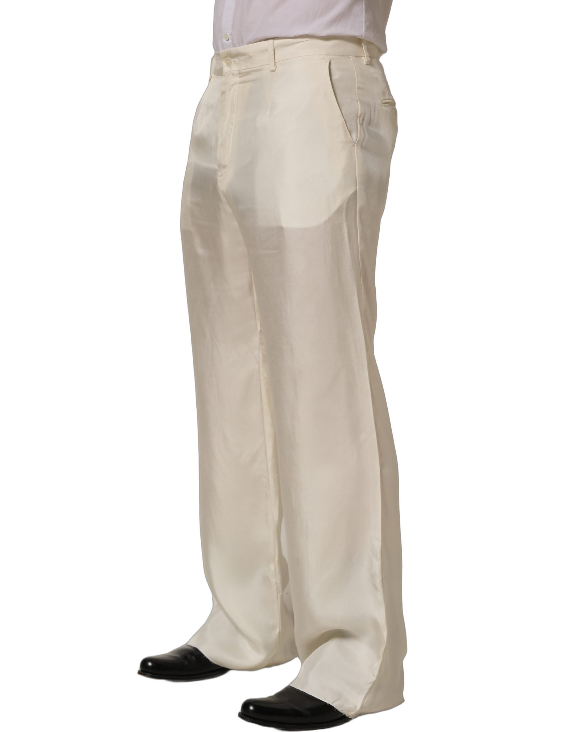 Dolce & Gabbana Off White Silk Straight Wide Leg Trouser Pants