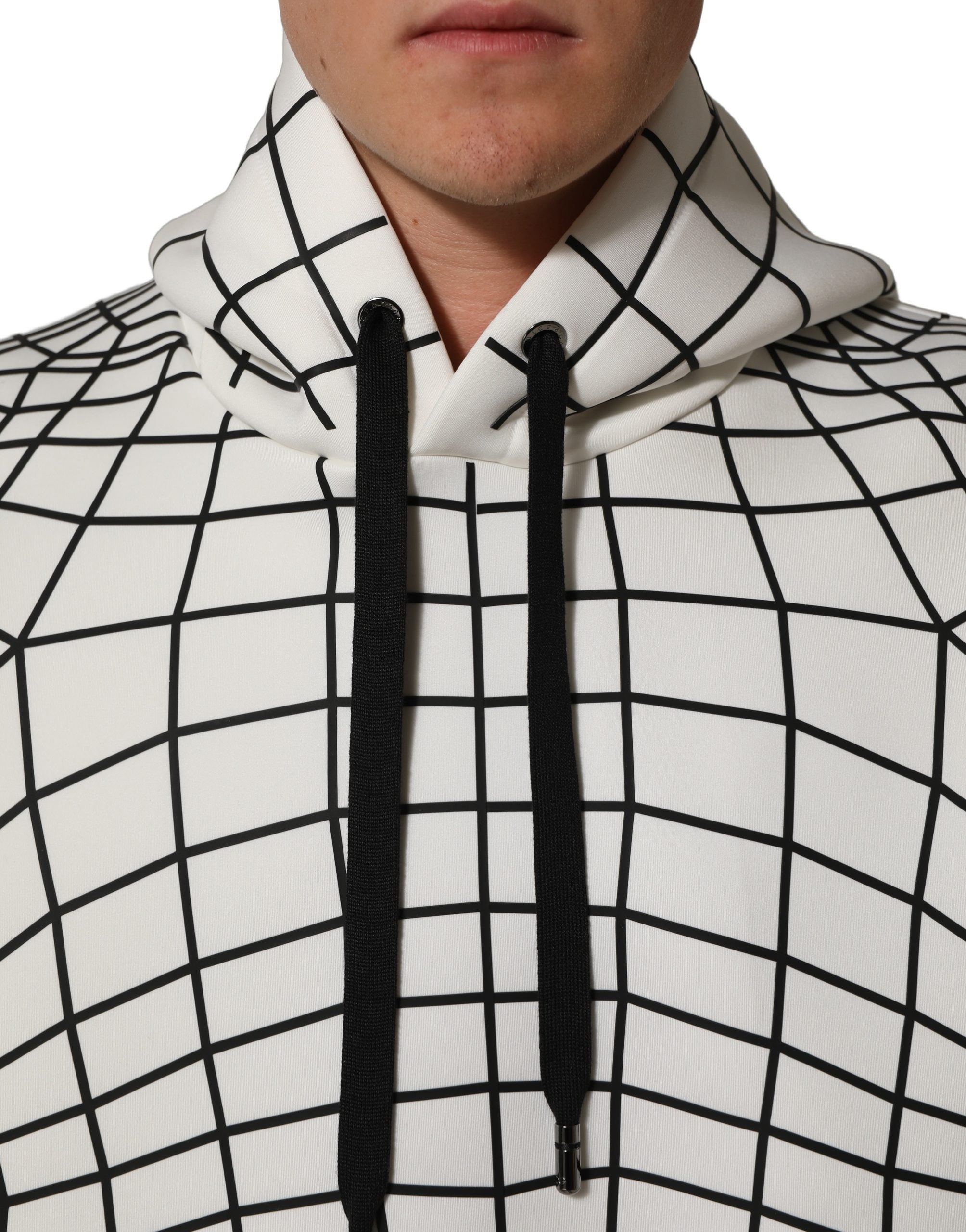 Dolce & Gabbana White Black WarpGrid Pattern Hoodie Sweater