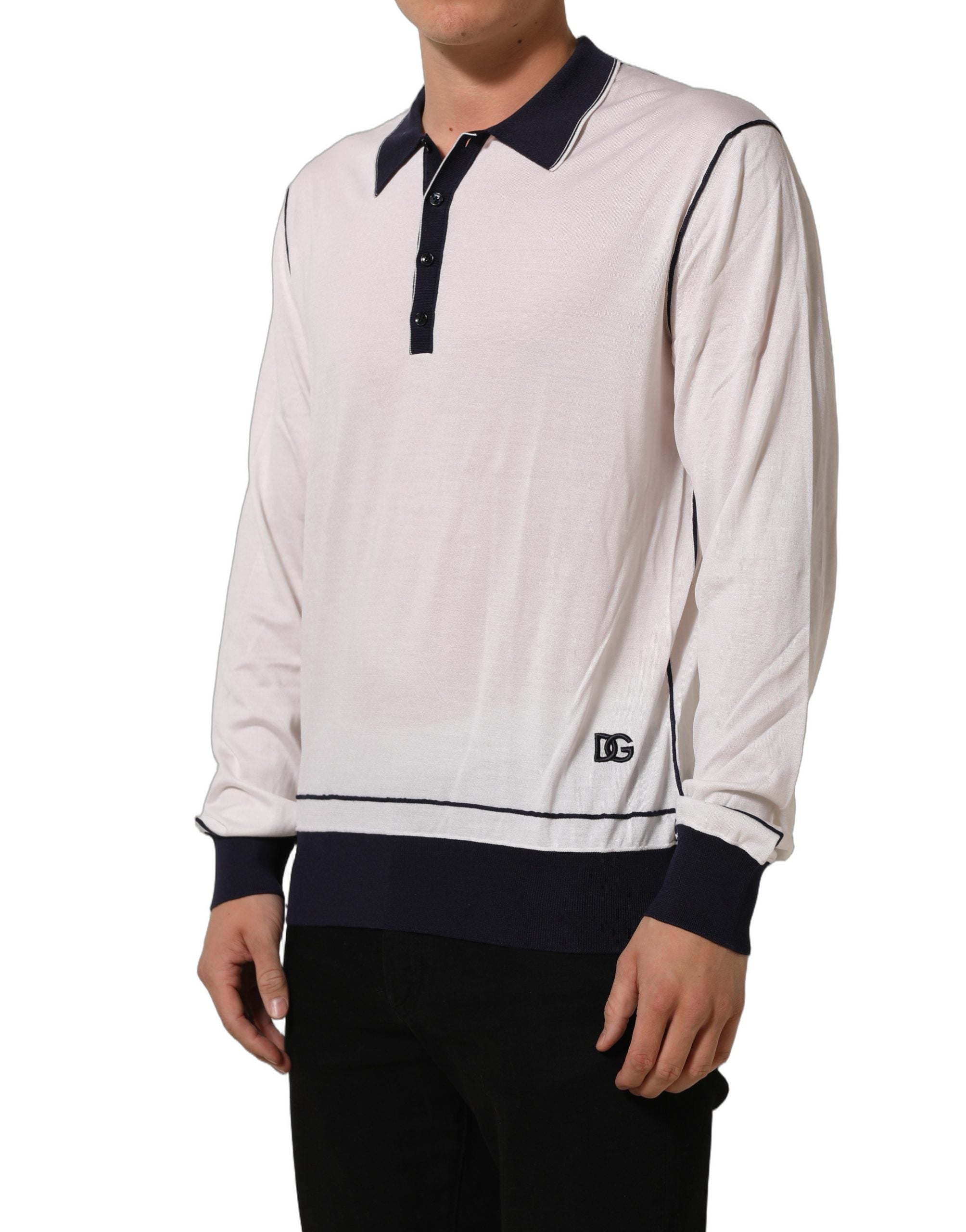 Dolce & Gabbana White Silk Collared Henley Pullover Sweater