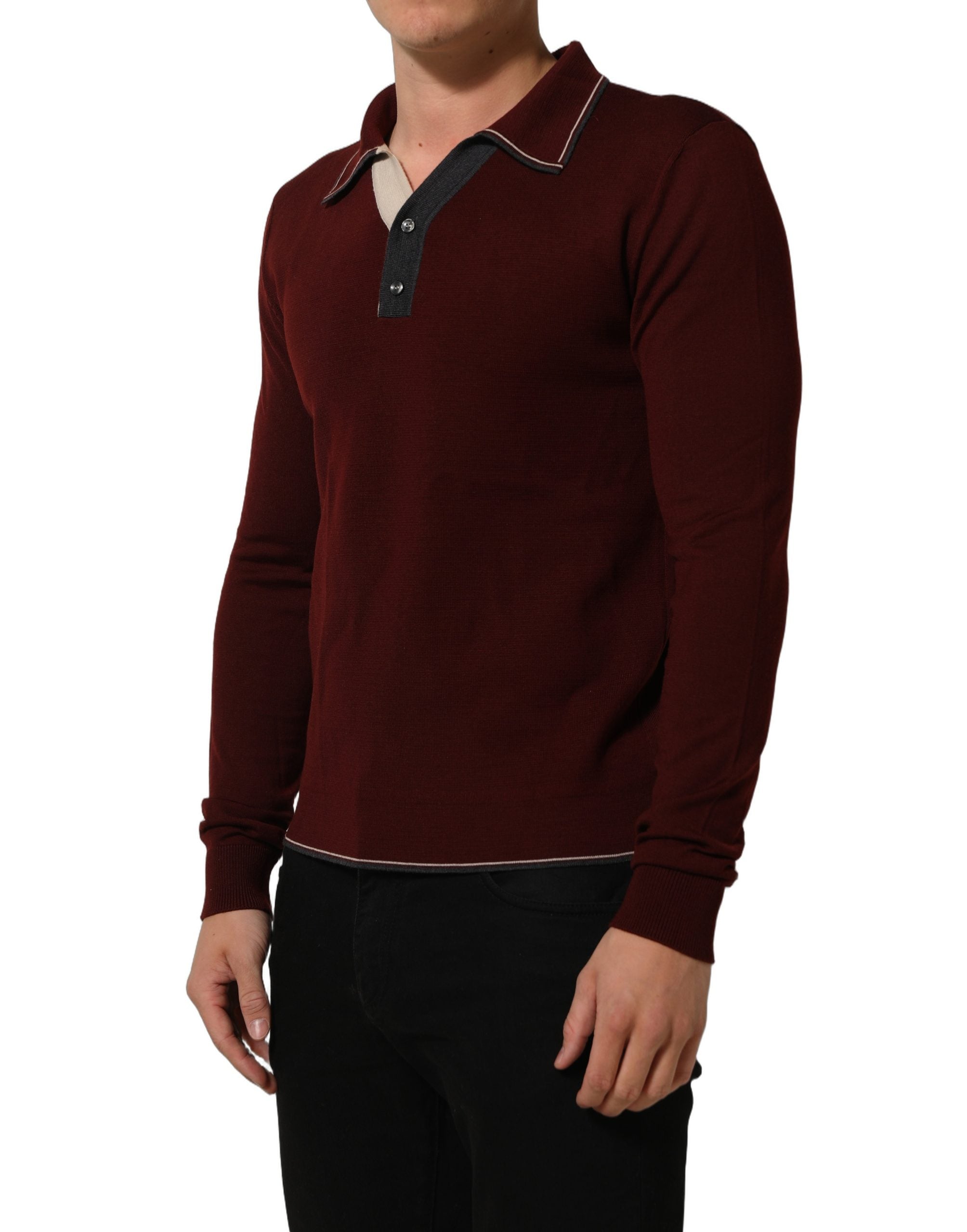 Dolce & Gabbana Burgundy Wool Knit Henley Pullover Sweater