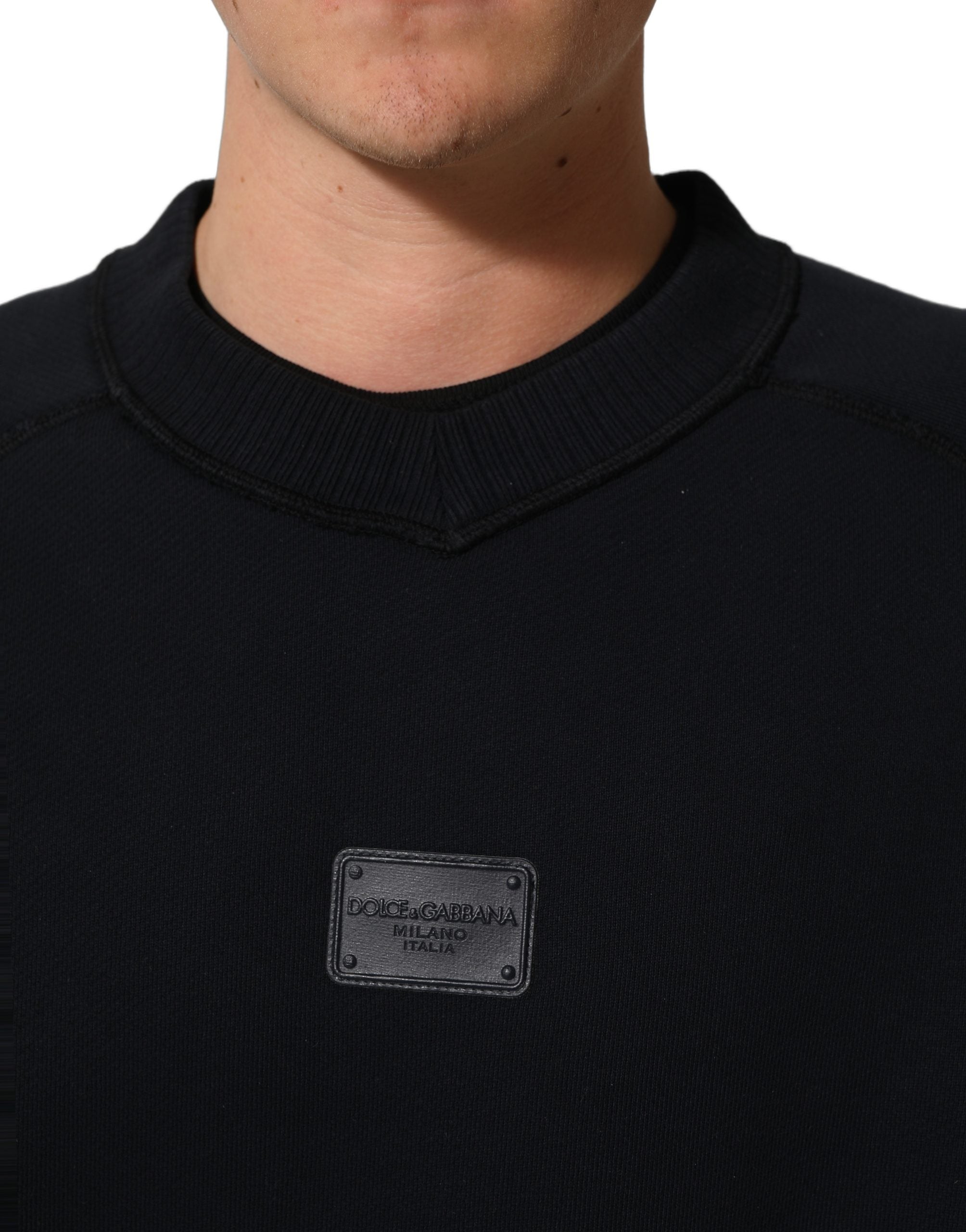 Dolce & Gabbana Black Logo Plaque Cotton Crew Neck Pullover Sweater