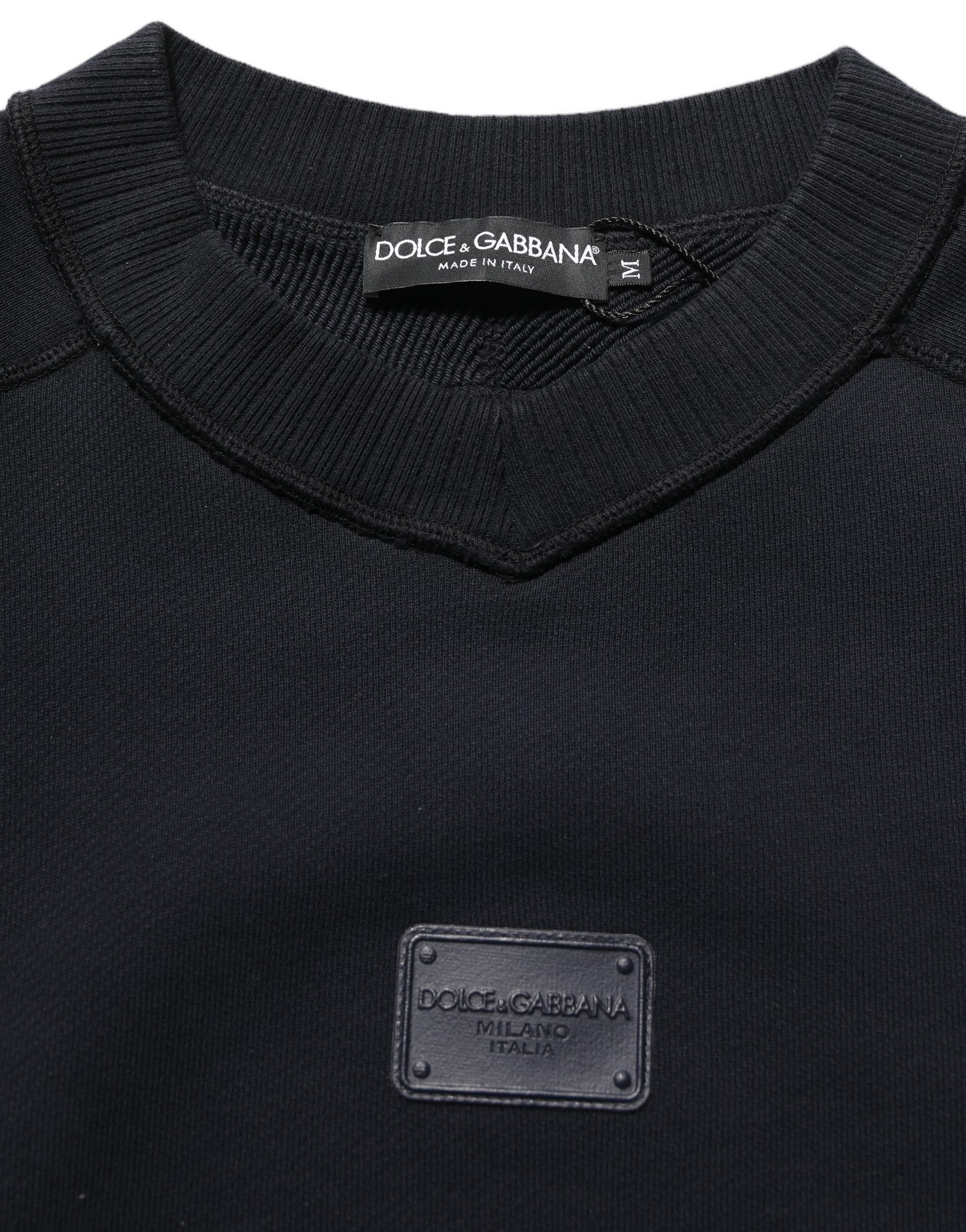 Dolce & Gabbana Black Logo Plaque Cotton Crew Neck Pullover Sweater