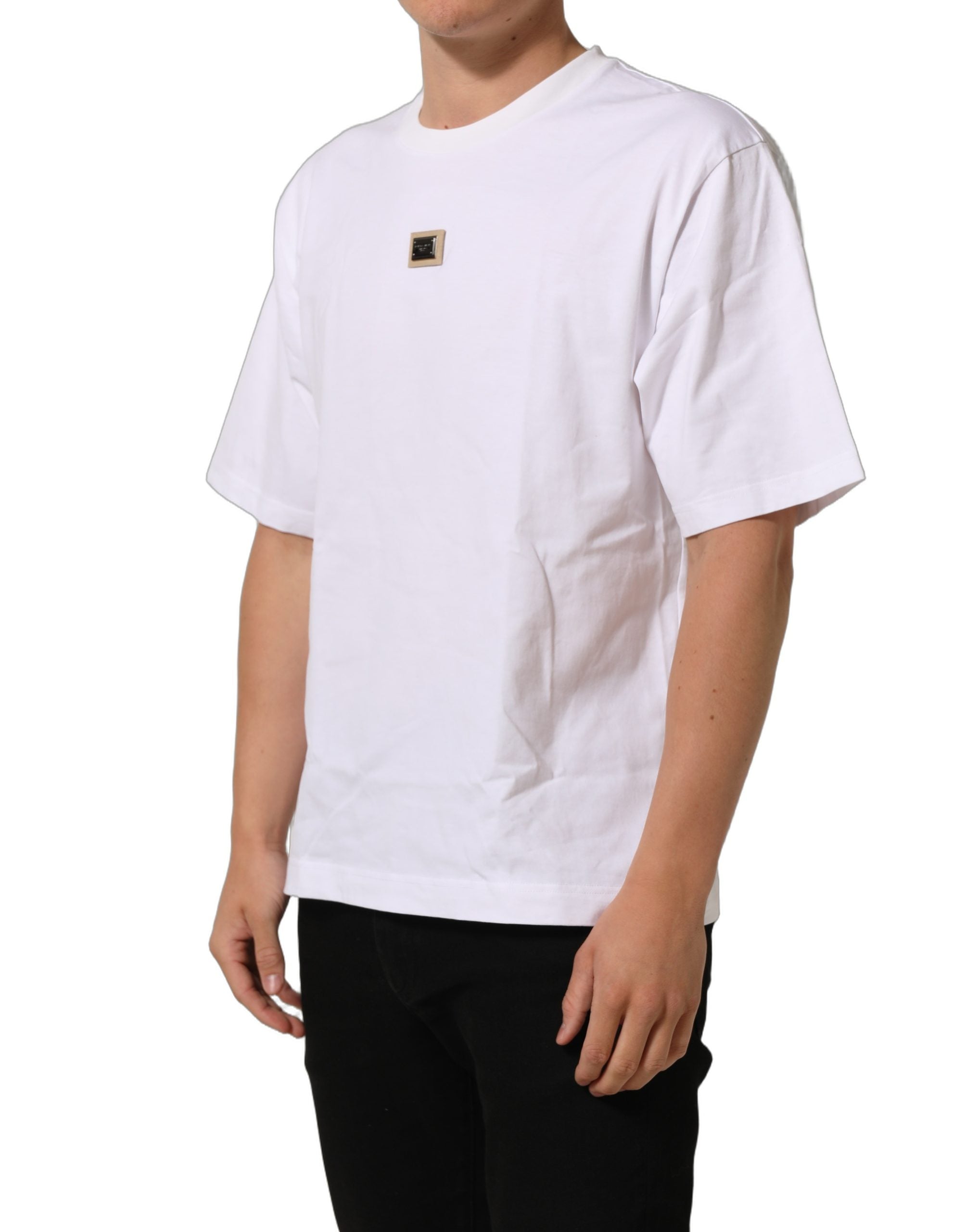 Dolce & Gabbana White Cotton Logo Plaque Crew Neck T-shirt