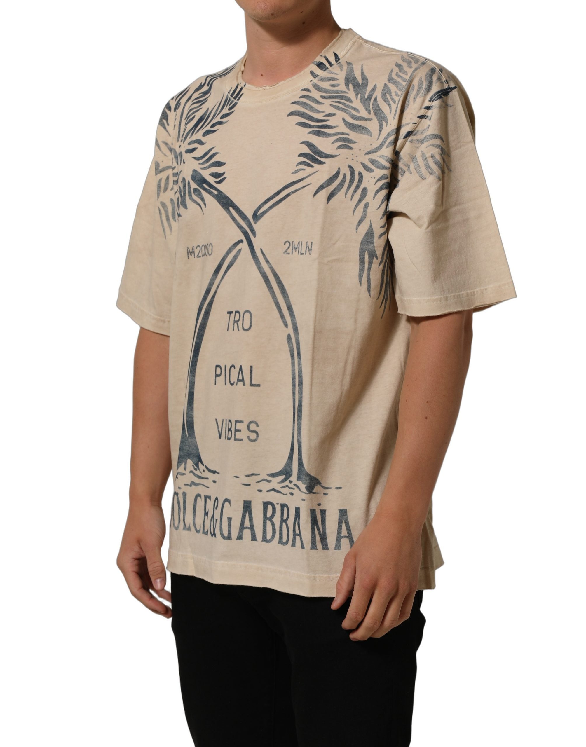 Dolce & Gabbana Beige Cotton Graphic Print Crew Neck T-shirt