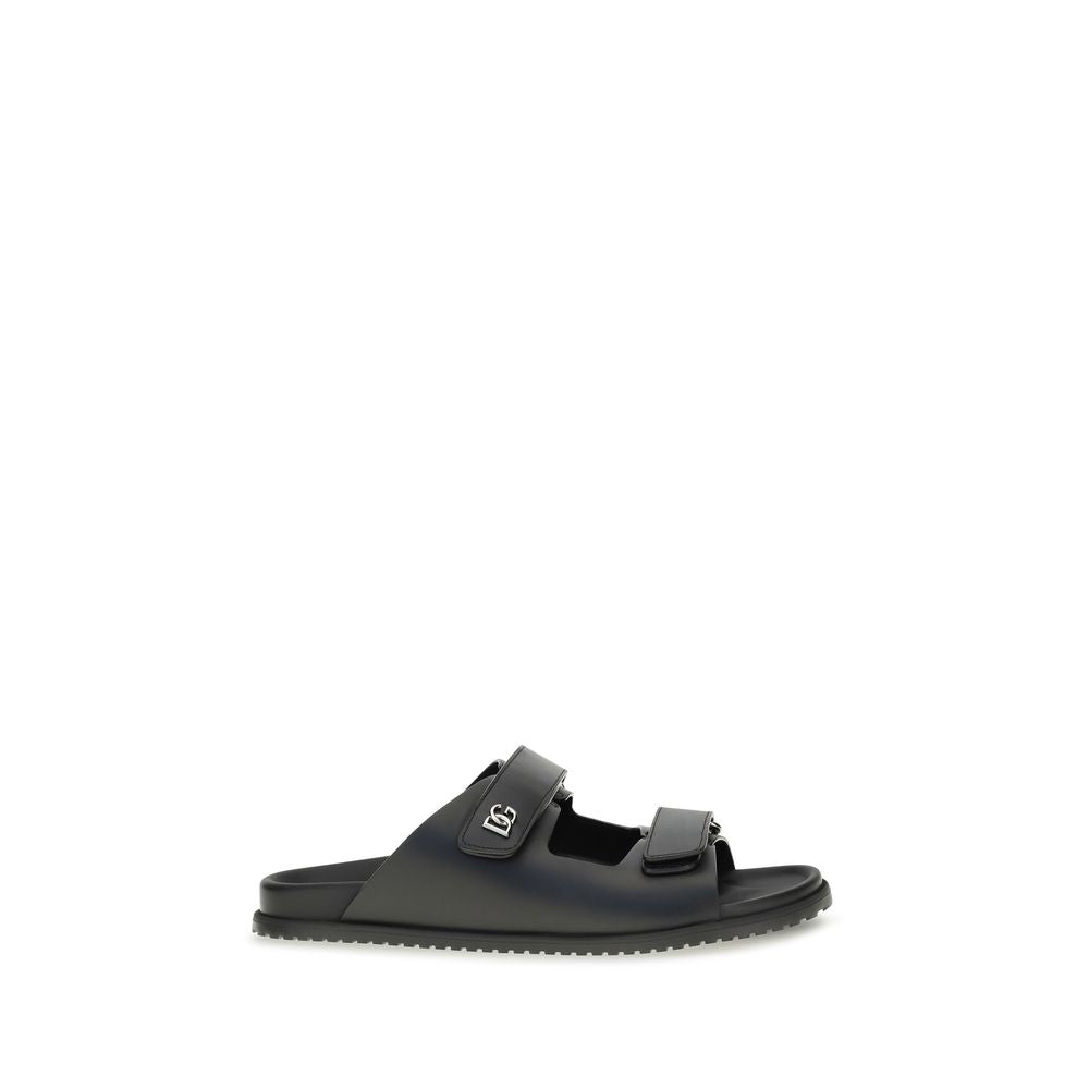Dolce & Gabbana Black Leather Flat Sandals